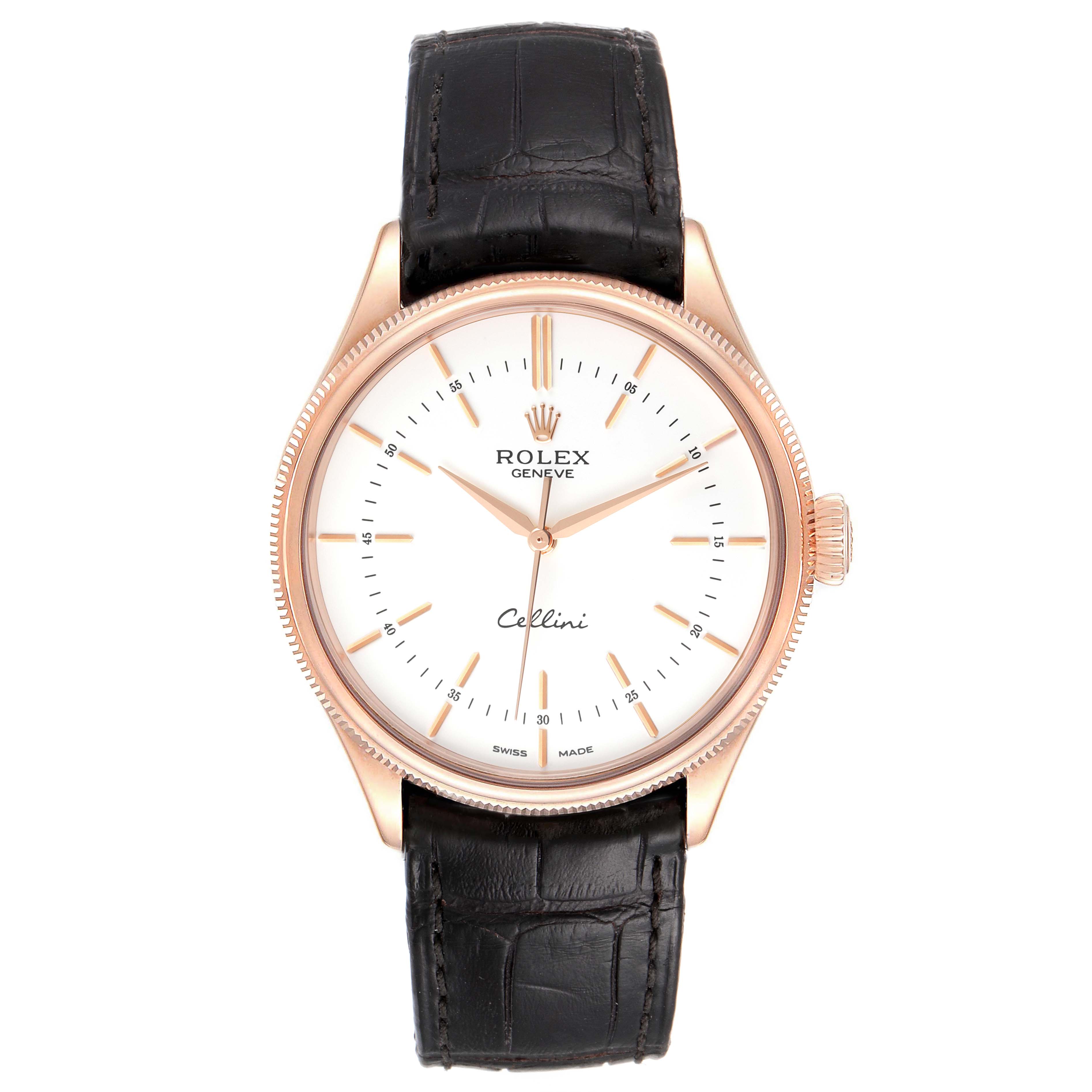 This image shows a front view of the Rolex Cellini 50505 Men's Rose Gold White Dial 50505 Men's Rose Gold White Dial watch, featuring the dial, bezel, crown, and leather strap.