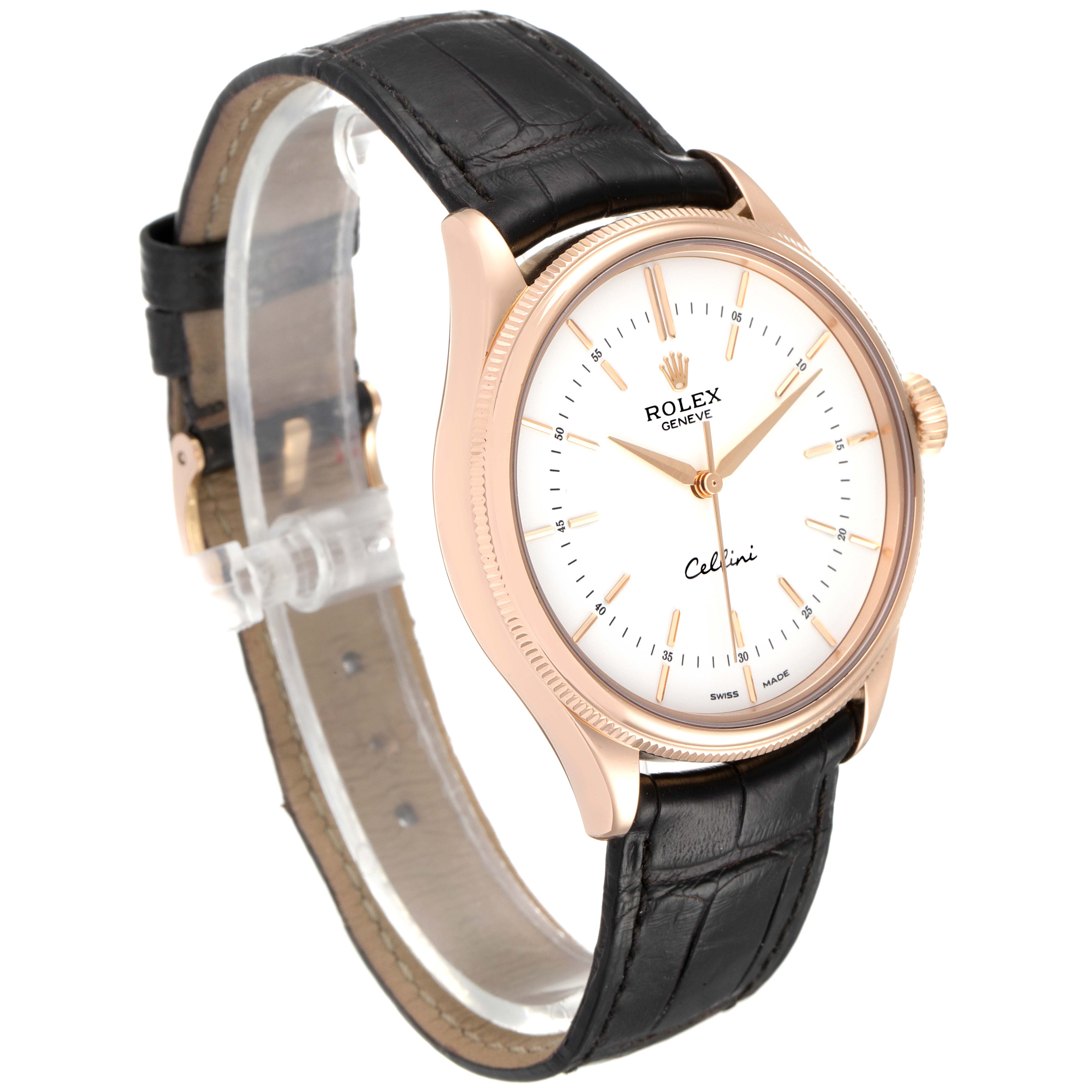 The Rolex Cellini 50505 Men's Rose Gold White Dial 50505 Men's Rose Gold White Dial watch is shown at a side angle, displaying its face, bezel, and leather strap.
