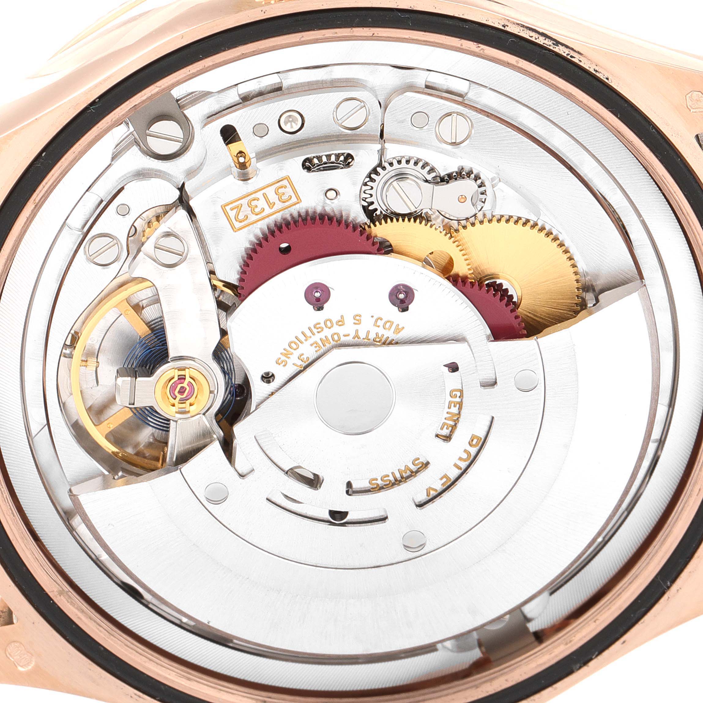 The image shows a close-up view of the movement and internal components of a Rolex Cellini 50505 Men's Rose Gold White Dial 50505 Men's Rose Gold White Dial watch.