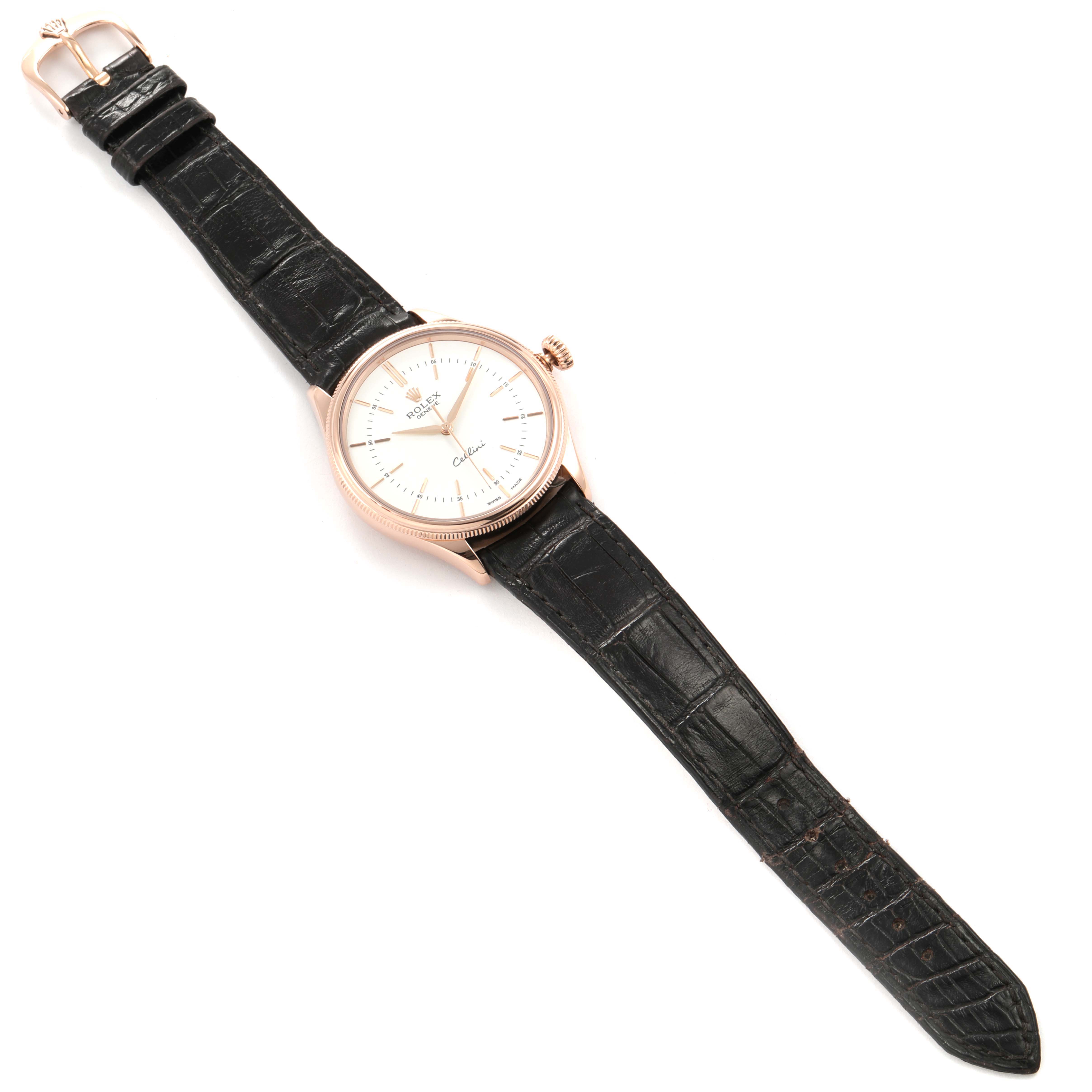 The Rolex Cellini 50505 Men's Rose Gold White Dial 50505 Men's Rose Gold White Dial watch is shown from a top-down angle, displaying the dial, hands, leather strap, and buckle.