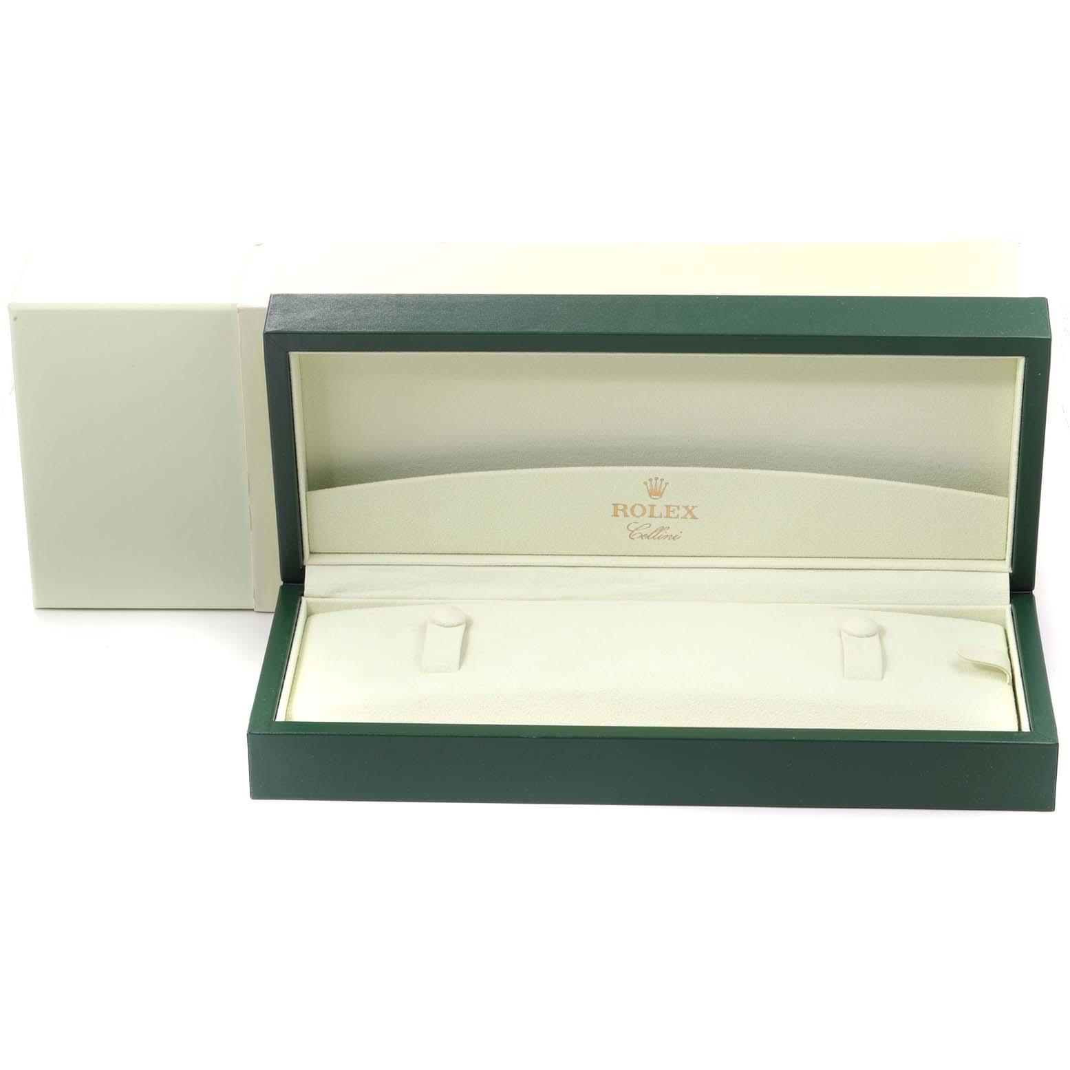 The image shows a Rolex Cellini 50505 Men's Rose Gold White Dial 50505 Men's Rose Gold White Dial watch box, angled open to display its interior without the watch.