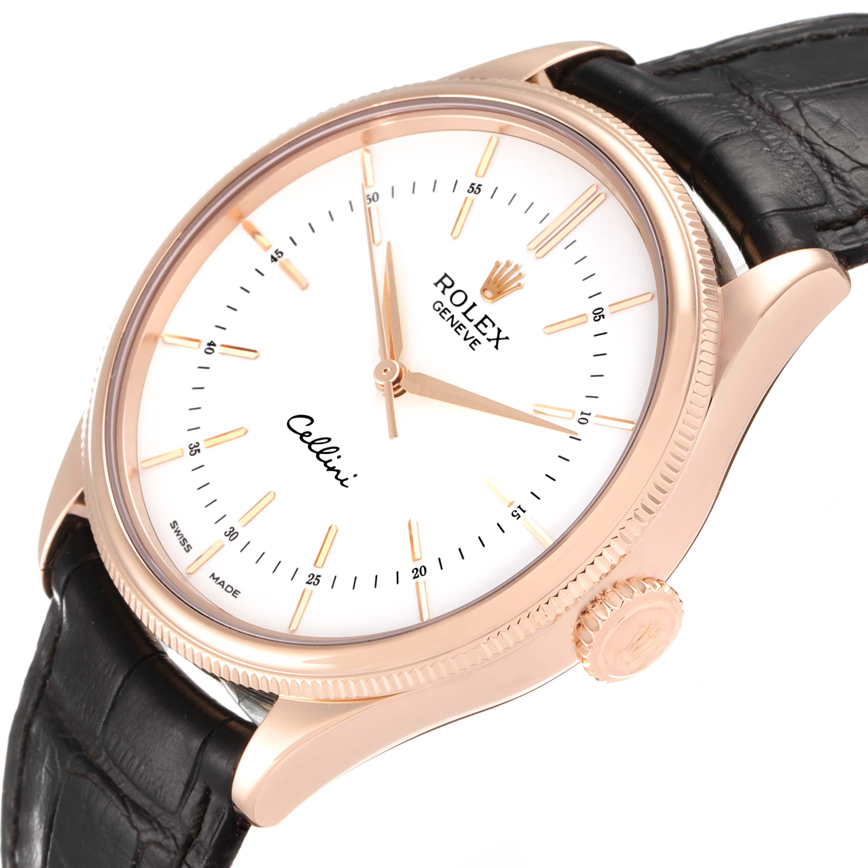 The Rolex Cellini 50505 Men's Rose Gold White Dial 50505 Men's Rose Gold White Dial watch is shown at a slight angle, displaying its face, crown, and part of the black strap.