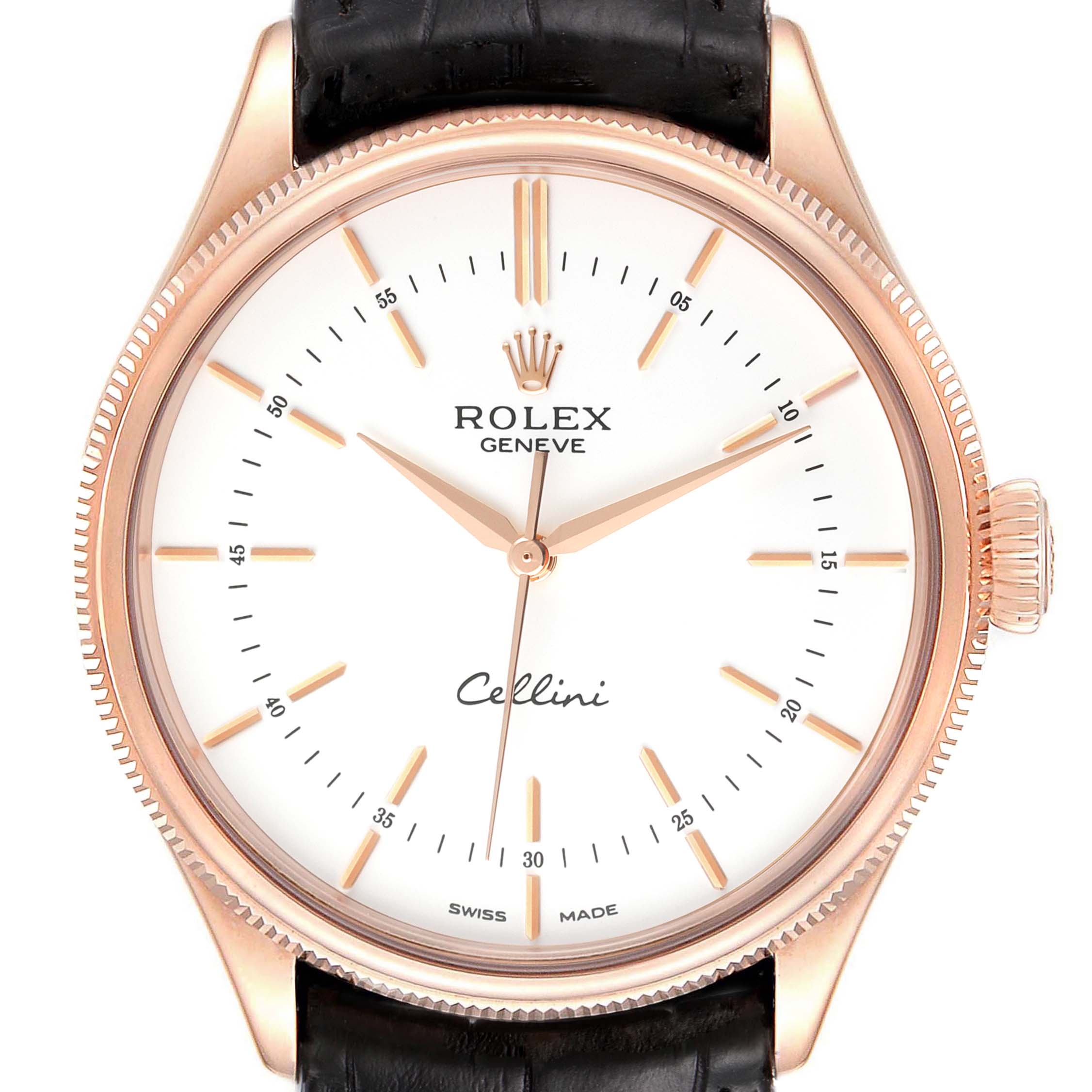 The image shows a Rolex Cellini 50505 Men's Rose Gold White Dial 50505 Men's Rose Gold White Dial watch face, crown, and part of the leather strap from a front angle.