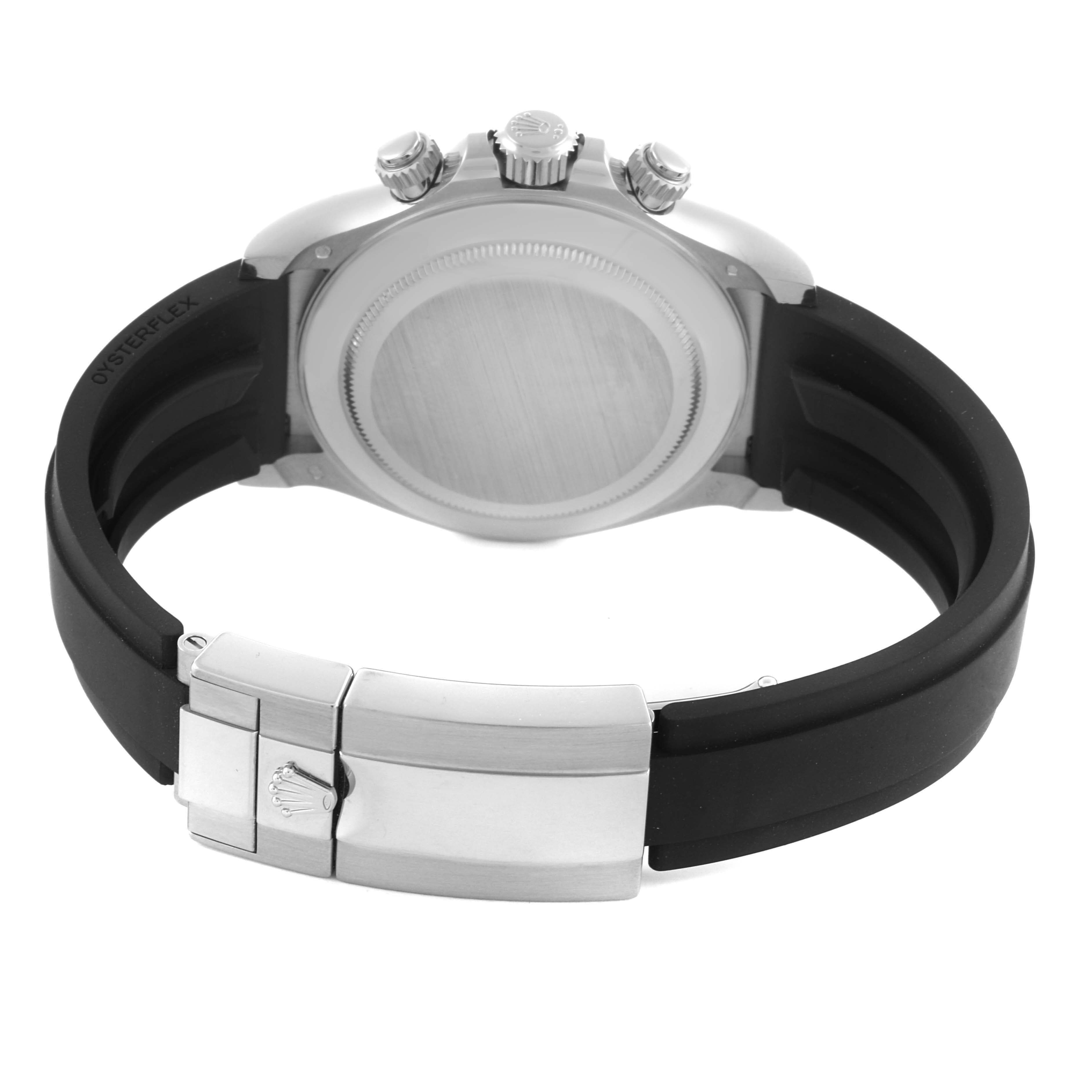 The image shows the back and clasp of a Rolex Daytona 116519LN Men's White Gold Grey Dial 116519LN Men's White Gold Grey Dial, highlighting the case, crown, and black strap.