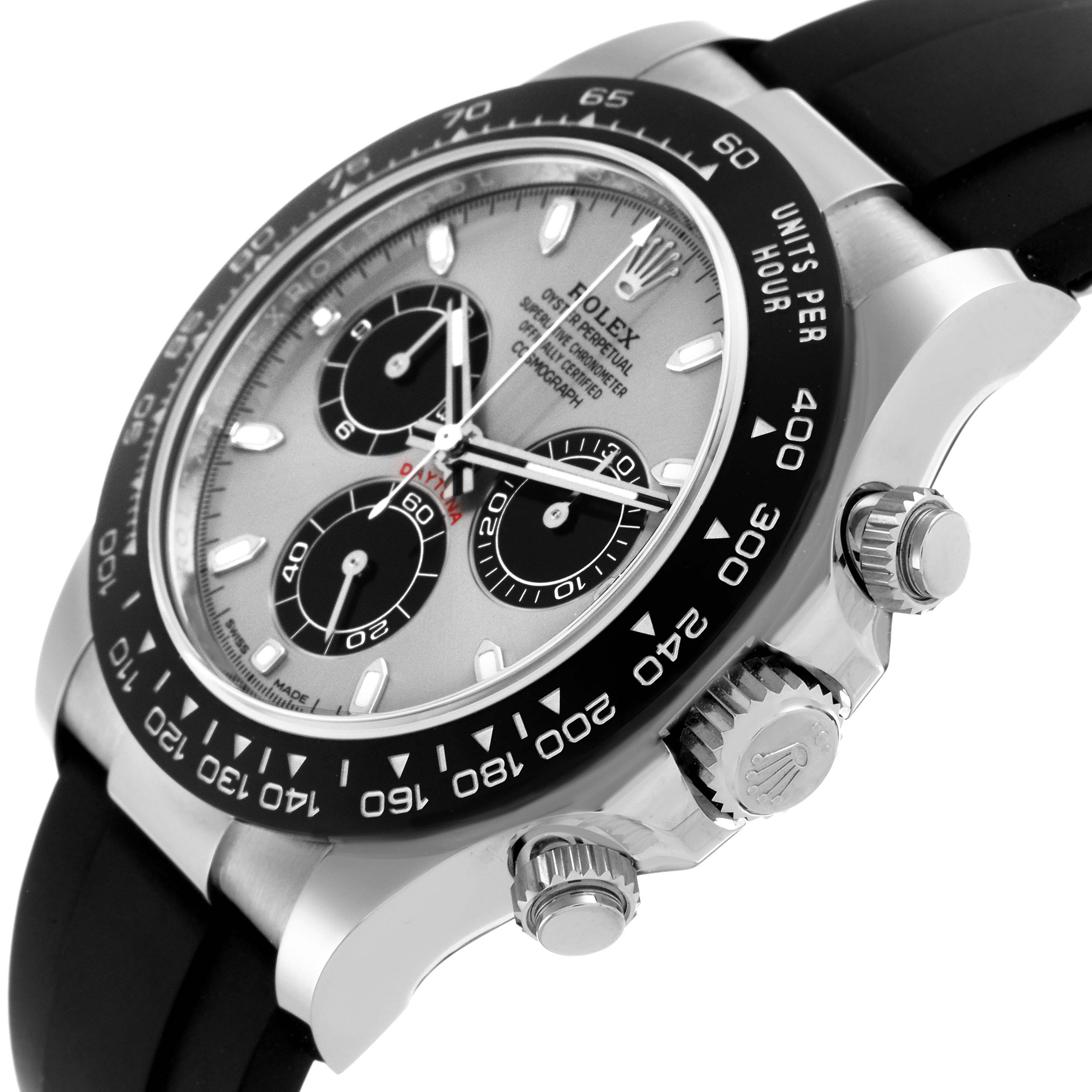 The Rolex Daytona 116519LN Men's White Gold Grey Dial 116519LN Men's White Gold Grey Dial watch is shown at an angle highlighting the dial, bezel, crown, and chronograph pushers.