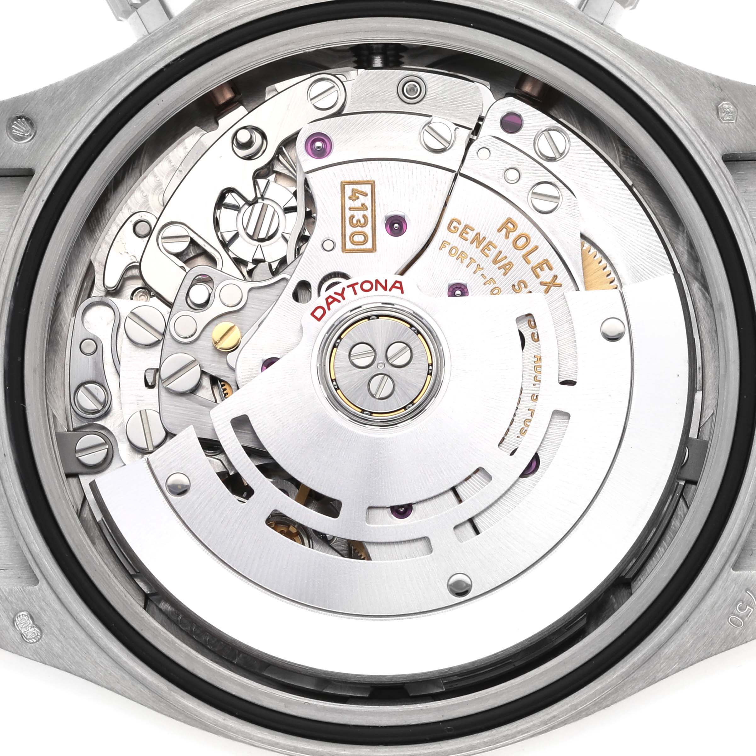 This image shows the intricate movement of a Rolex Daytona 116519LN Men's White Gold Grey Dial 116519LN Men's White Gold Grey Dial watch from a rear angle, highlighting its internal mechanics.