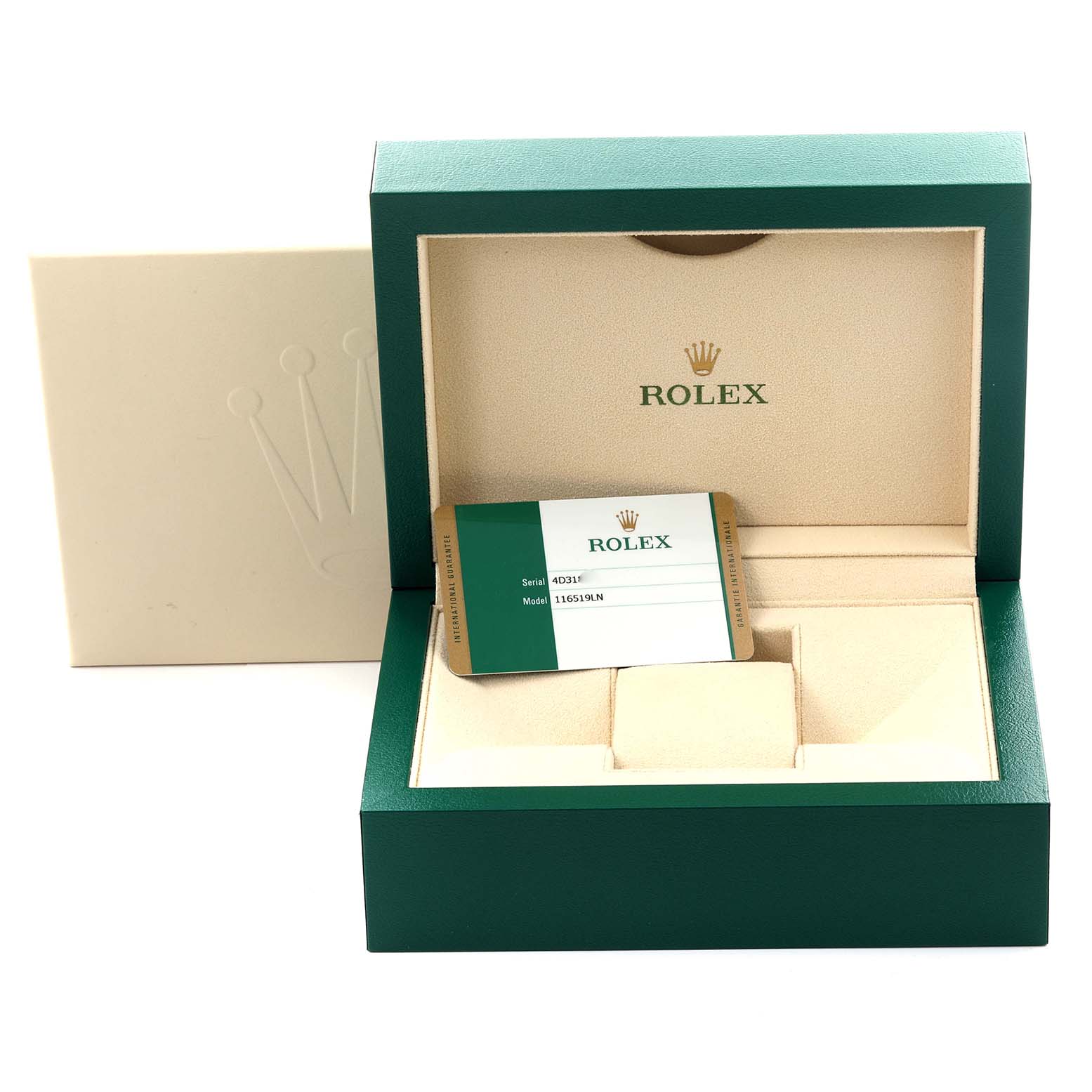 The image shows a Rolex Daytona 116519LN Men's White Gold Grey Dial 116519LN Men's White Gold Grey Dial watch box and certificate card from a front angle.