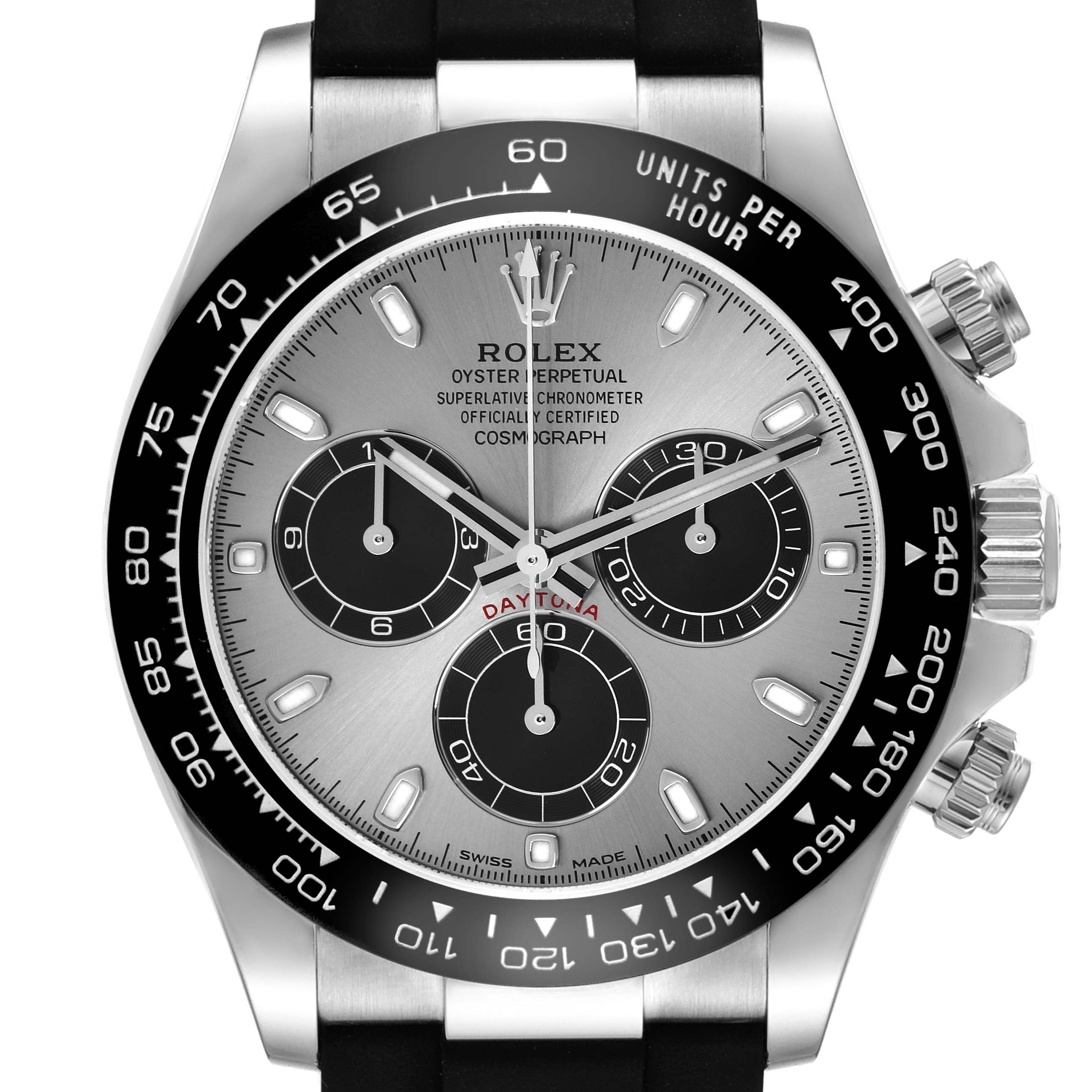 The Rolex Daytona 116519LN Men's White Gold Grey Dial 116519LN Men's White Gold Grey Dial watch is shown from the front, highlighting the face, bezel, pushers, and crown.