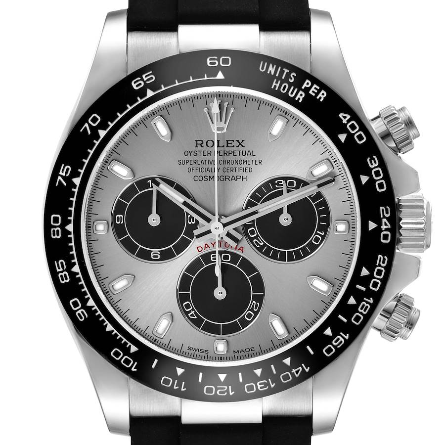 The Rolex Daytona watch is shown from the front, highlighting the face, bezel, pushers, and crown.