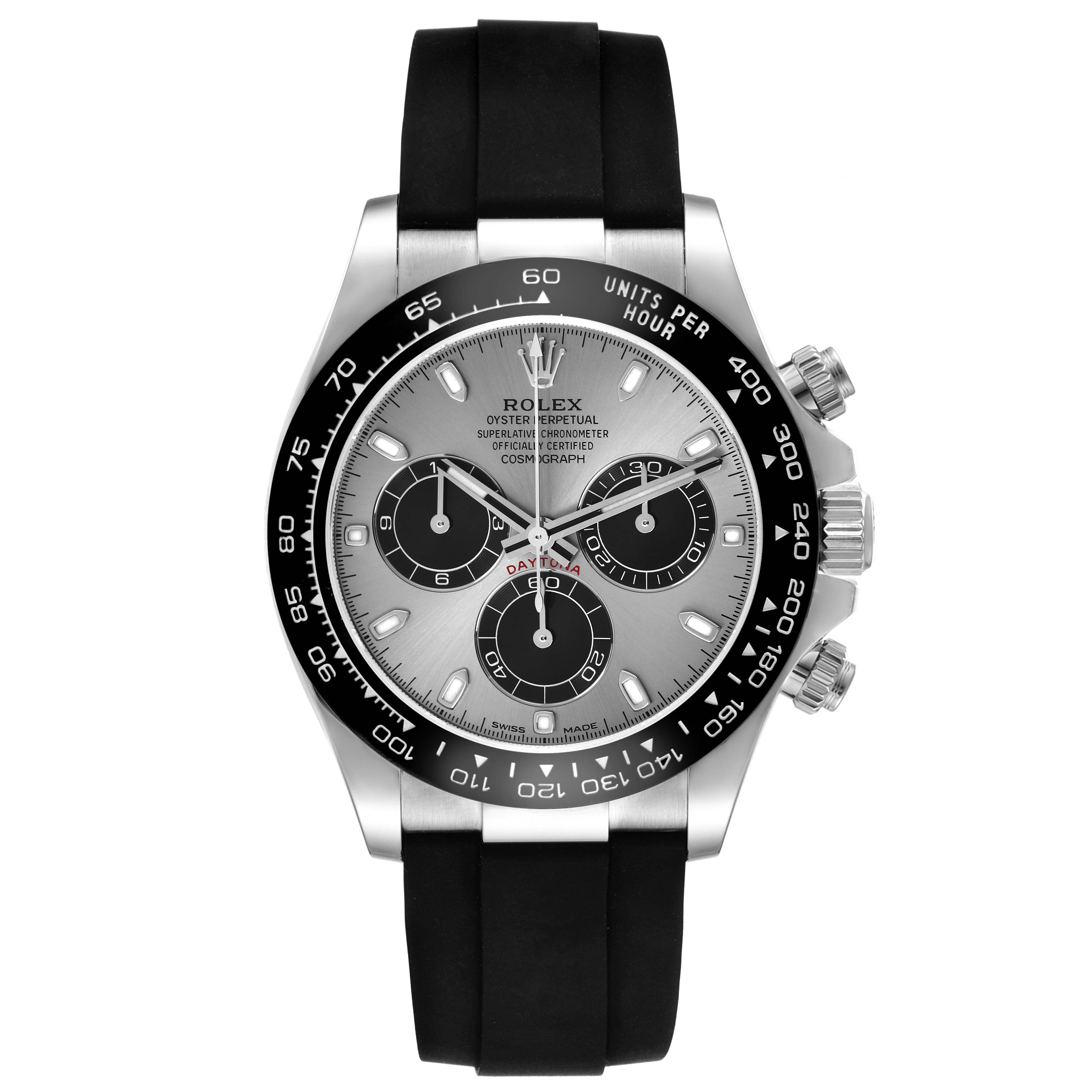 The Rolex Daytona 116519LN Men's White Gold Grey Dial 116519LN Men's White Gold Grey Dial watch is shown from the front, displaying its dial, bezel, and rubber strap.