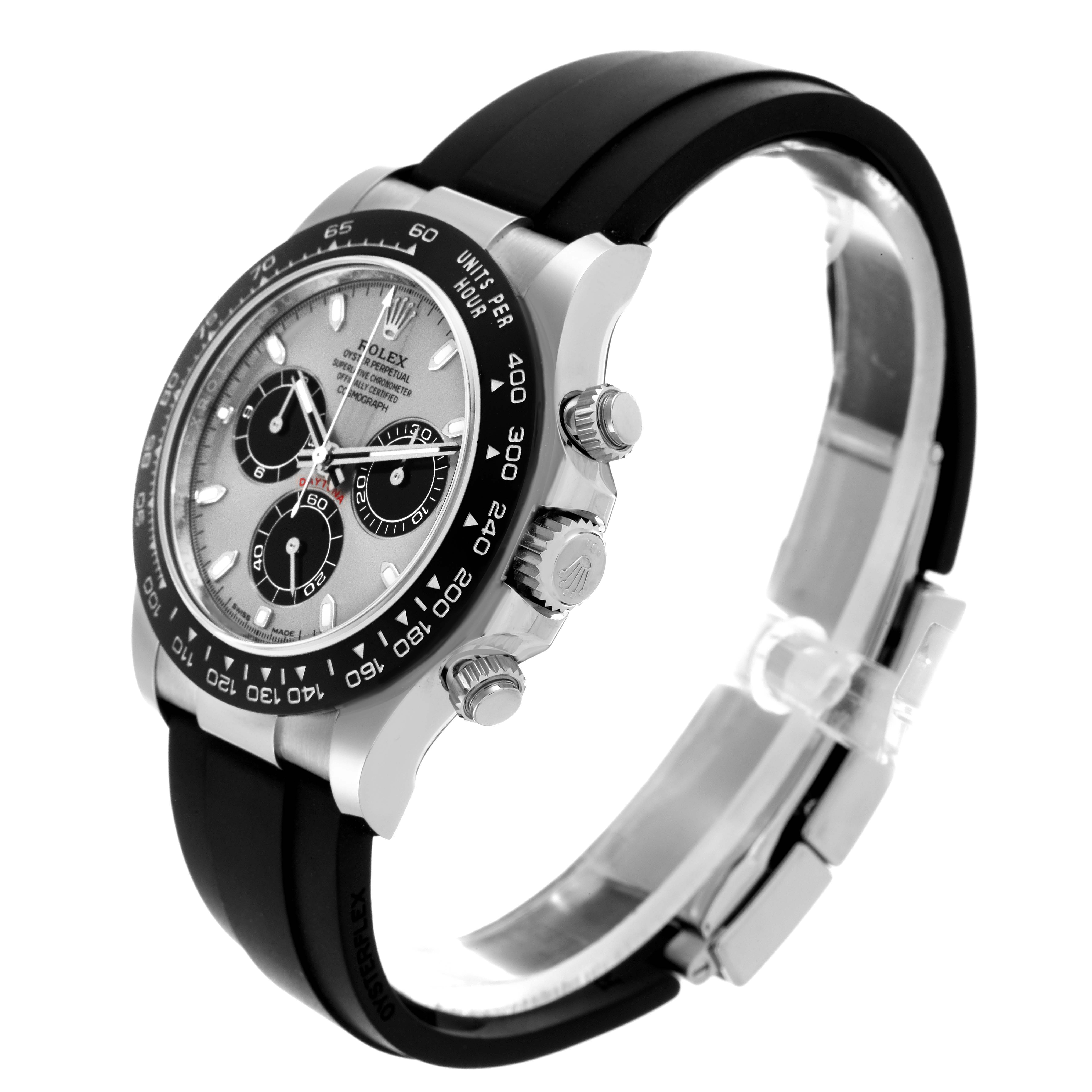 The Rolex Daytona 116519LN Men's White Gold Grey Dial 116519LN Men's White Gold Grey Dial watch is shown at an angle displaying the face, bezel, crown, and part of the band.