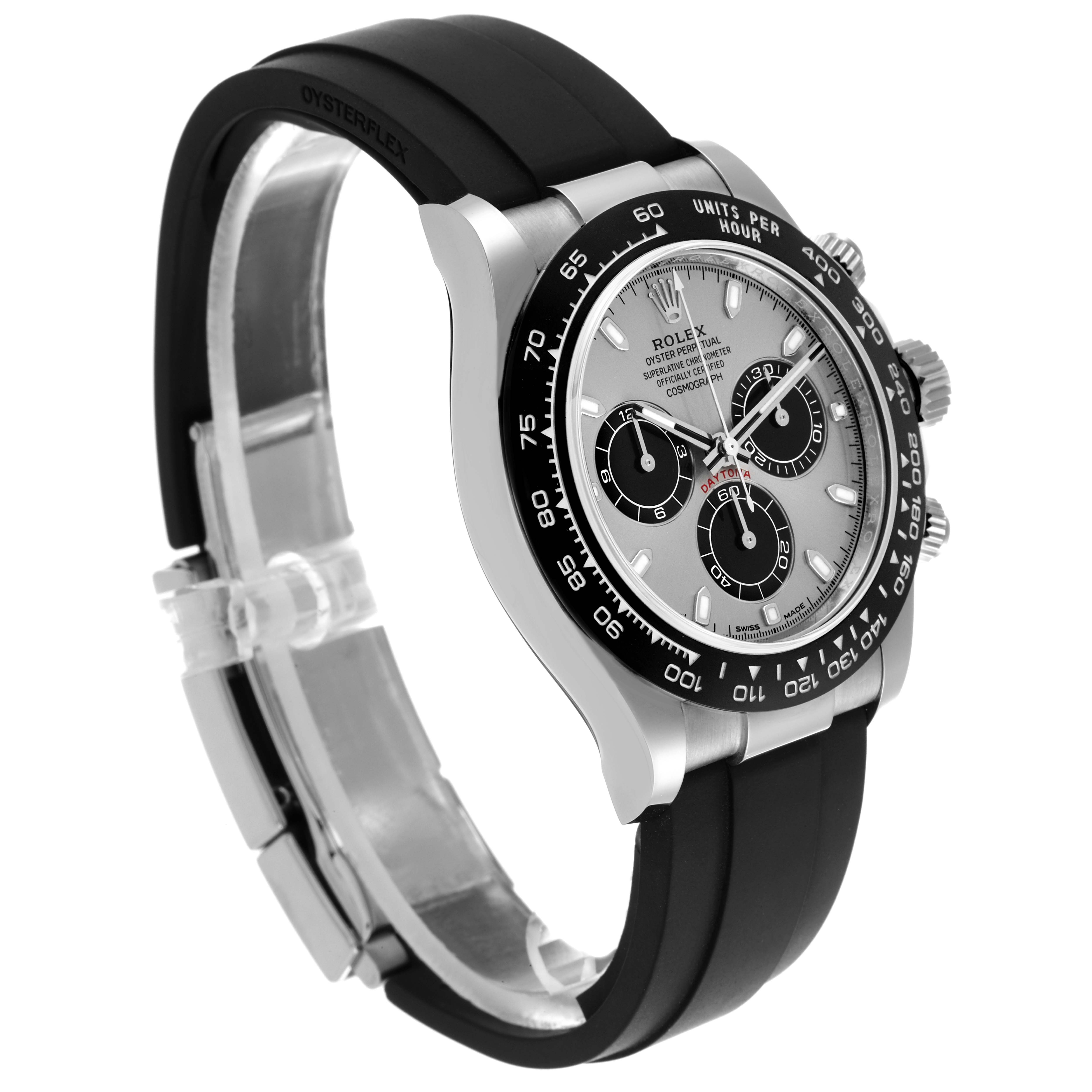 The Rolex Daytona 116519LN Men's White Gold Grey Dial 116519LN Men's White Gold Grey Dial watch is shown at a three-quarter angle, highlighting the dial, bezel, strap, and pushers.