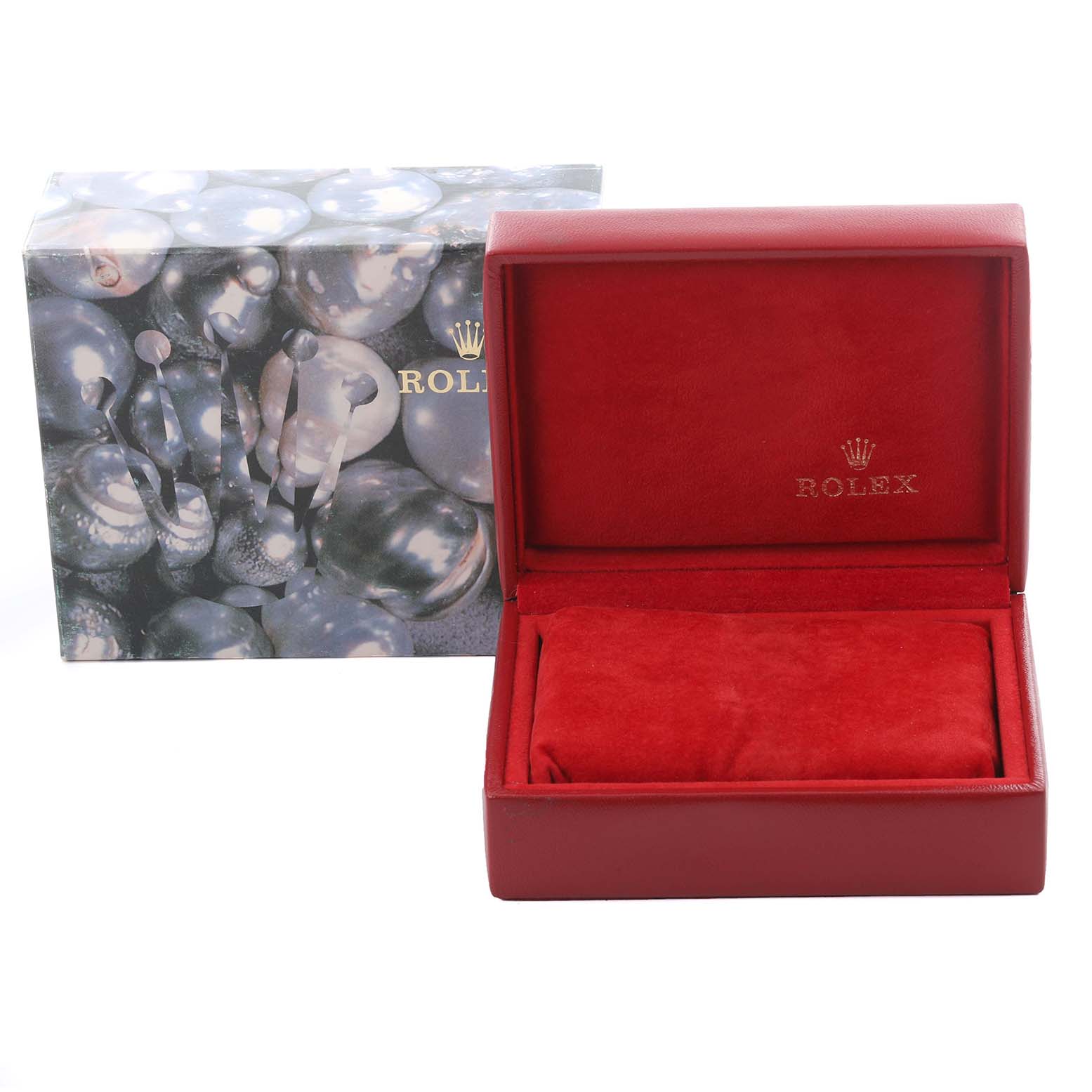 The image shows a red watch box and outer packaging for a Rolex Date 79190 Women's Stainless Steel Blue Dial 79190 Women's Stainless Steel Blue Dial model, with the box open.