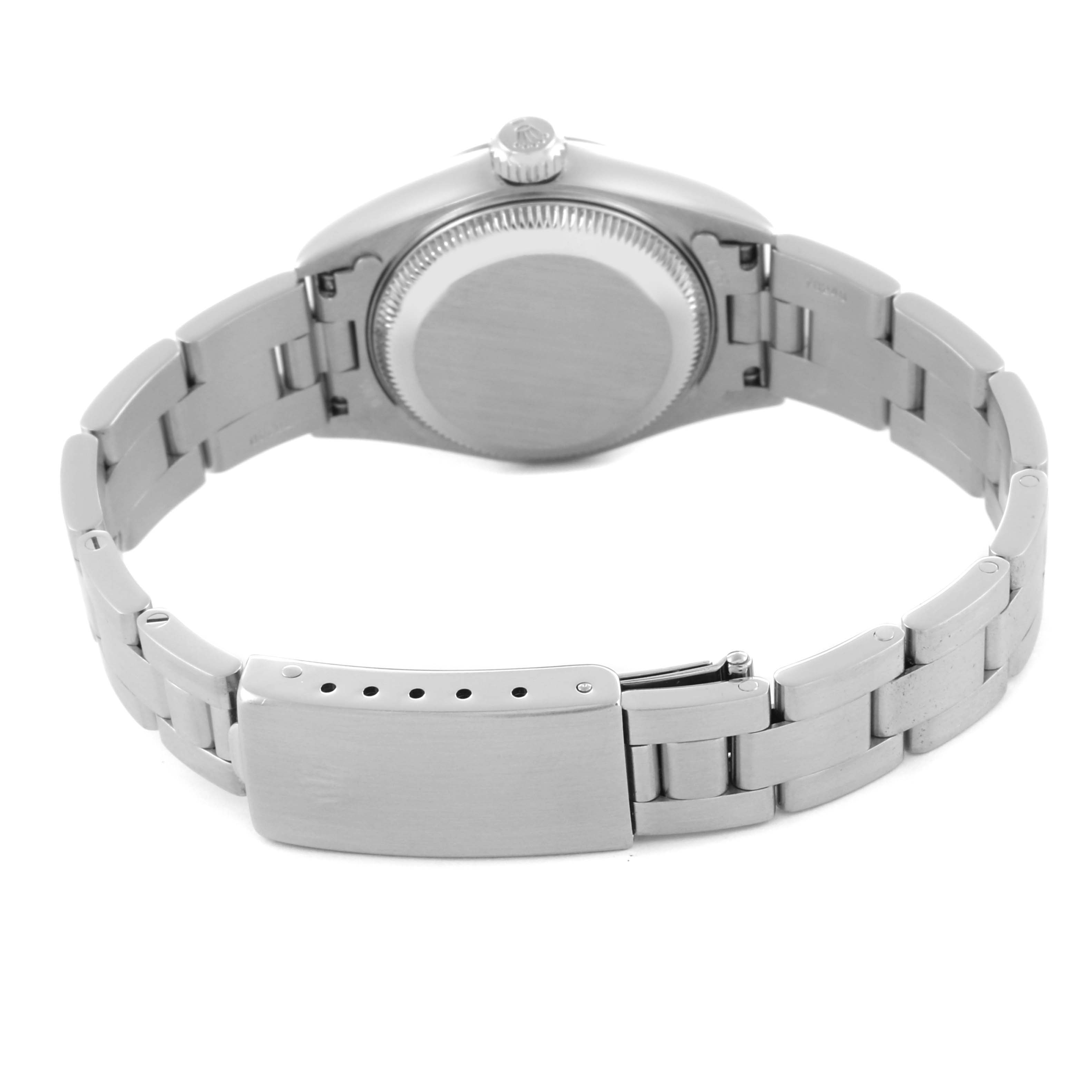 The image shows the back view of a Rolex Date 79190 Women's Stainless Steel Blue Dial 79190 Women's Stainless Steel Blue Dial watch, highlighting the case back, bracelet links, and clasp.