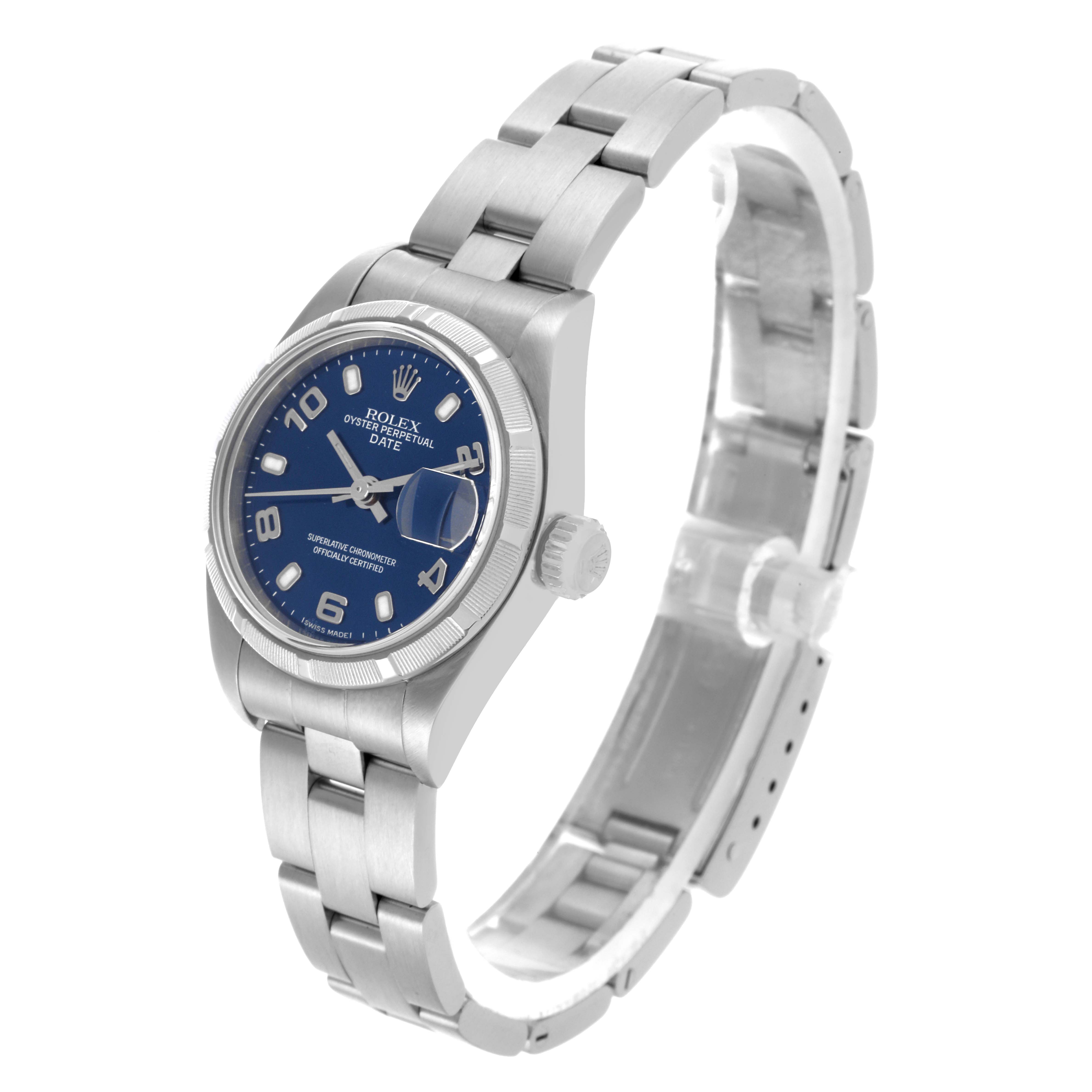 The Rolex Date 79190 Women's Stainless Steel Blue Dial 79190 Women's Stainless Steel Blue Dial watch is shown at a side angle, displaying the face, crown, and part of the bracelet.