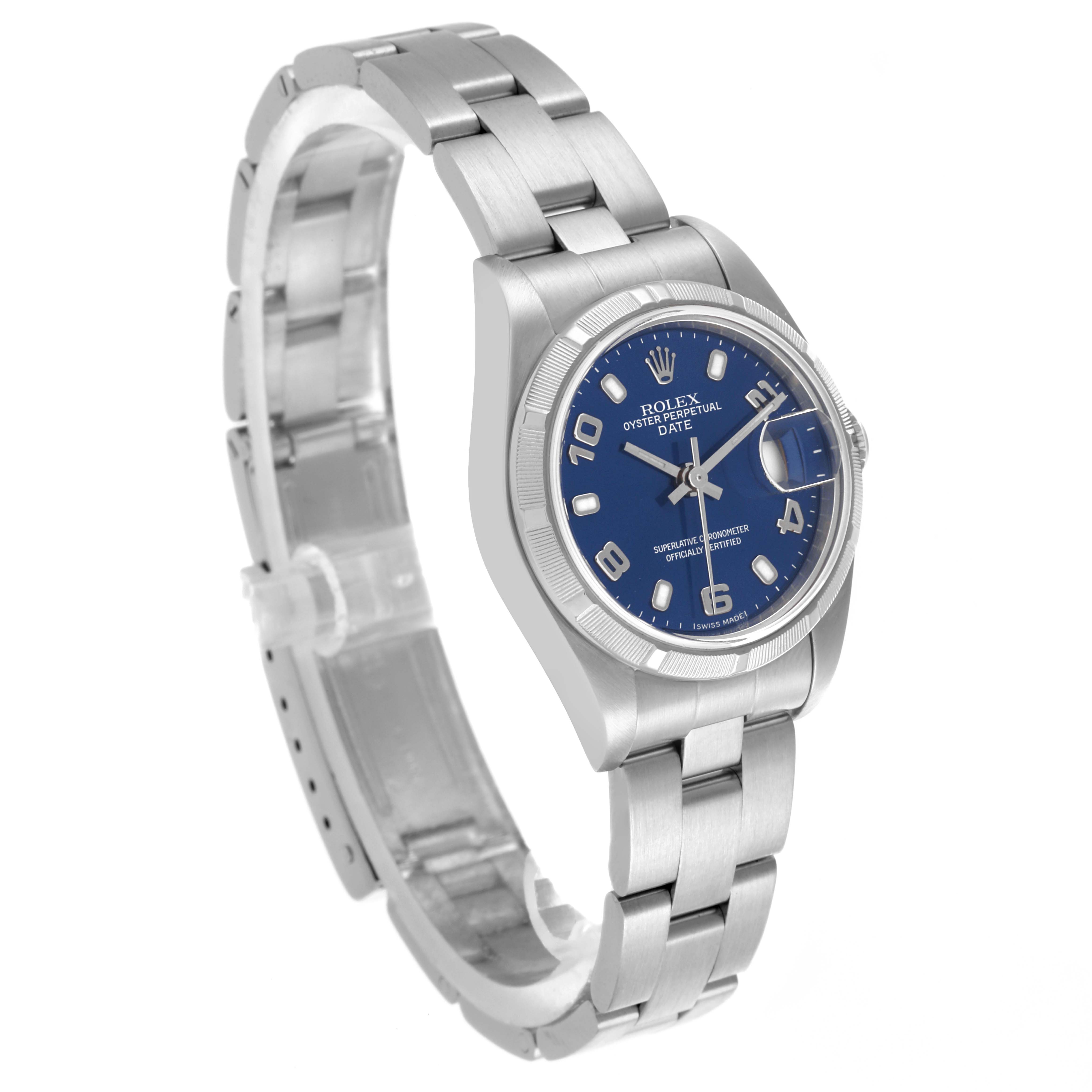 The Rolex Date 79190 Women's Stainless Steel Blue Dial 79190 Women's Stainless Steel Blue Dial model is shown at a three-quarter angle, highlighting the dial, bezel, and bracelet.