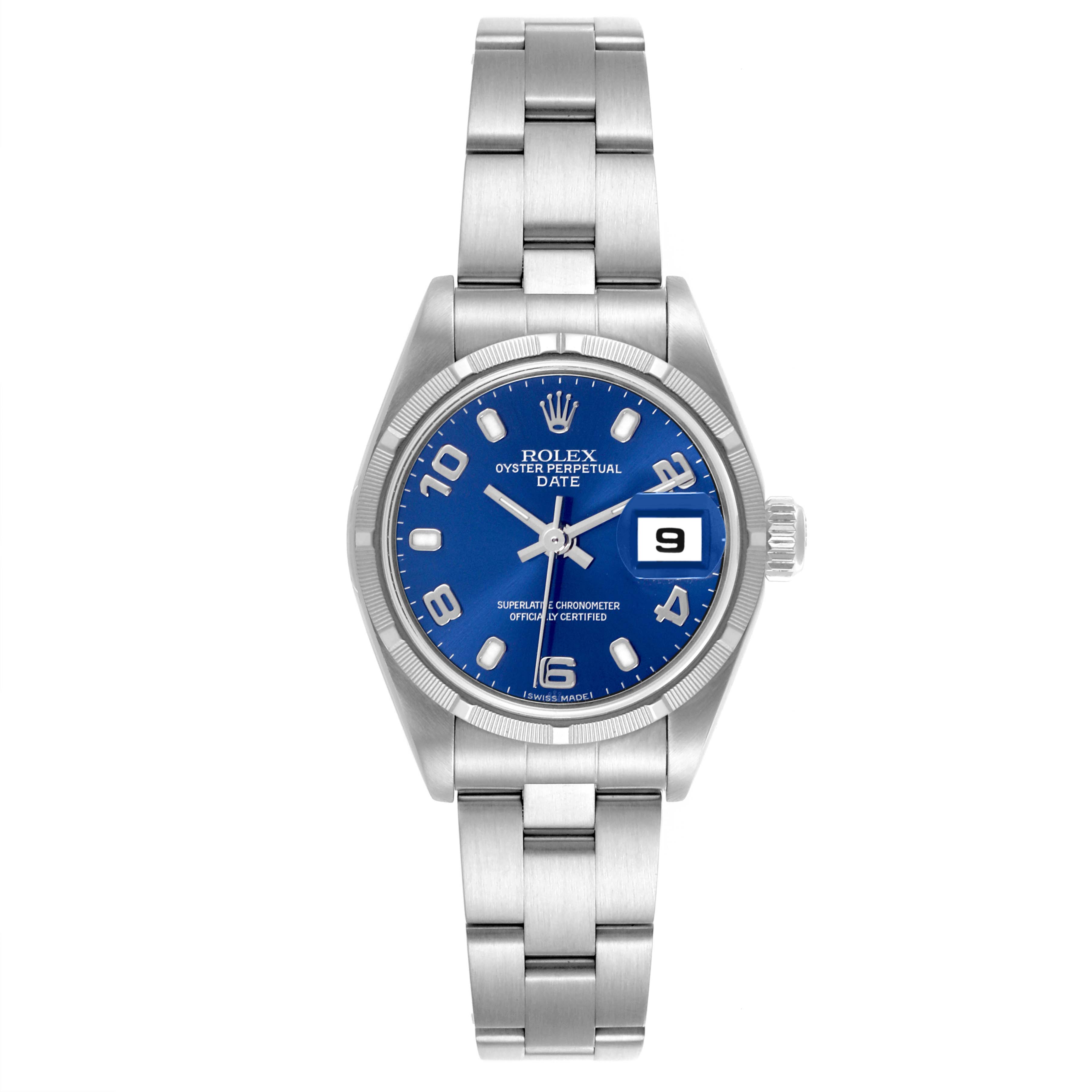 The Rolex Date 79190 Women's Stainless Steel Blue Dial 79190 Women's Stainless Steel Blue Dial model is shown from a front angle, displaying the face, bezel, and full bracelet.