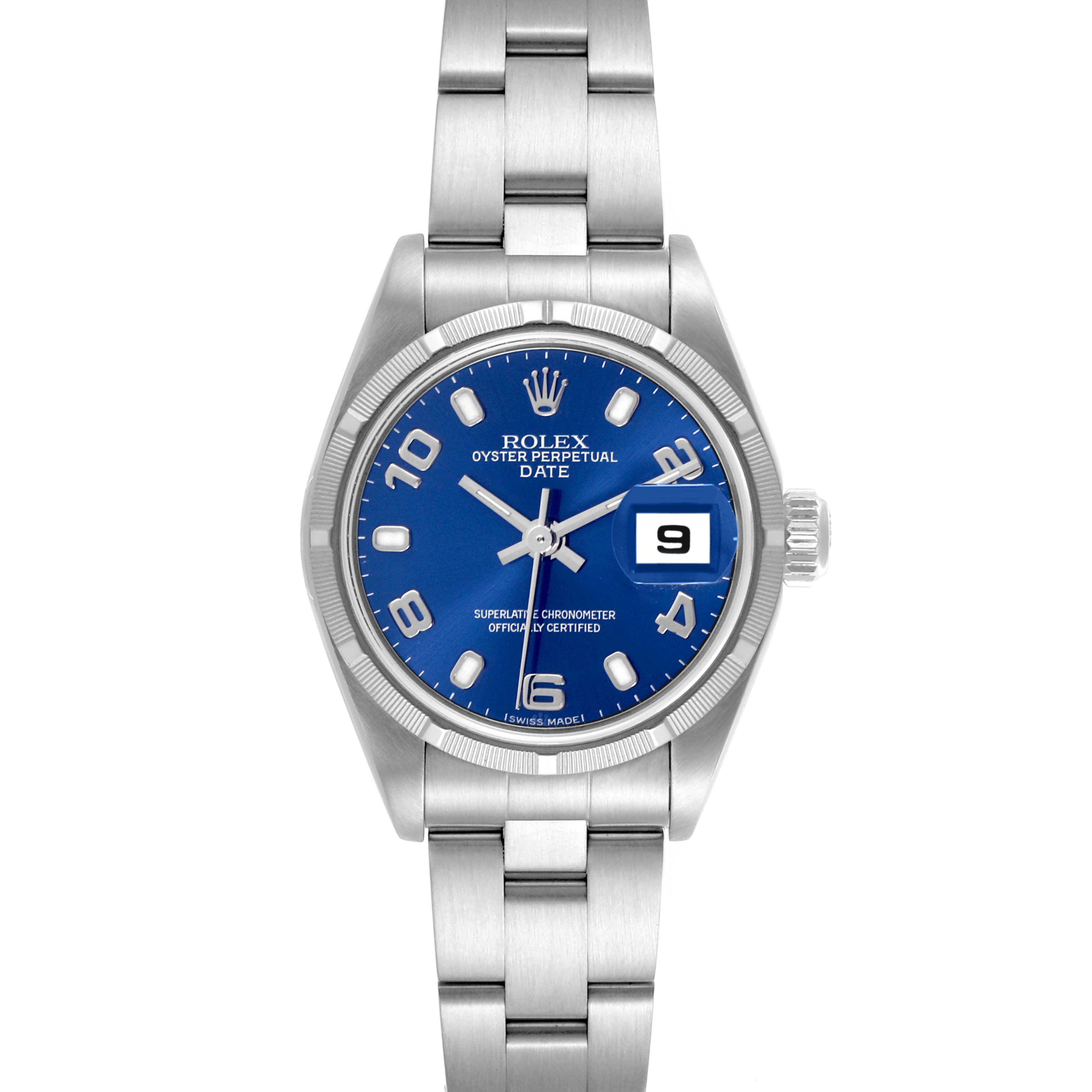 The Rolex Date 79190 Women's Stainless Steel Blue Dial 79190 Women's Stainless Steel Blue Dial watch is shown from a top view, highlighting the blue dial, bezel, bracelet, and date window.