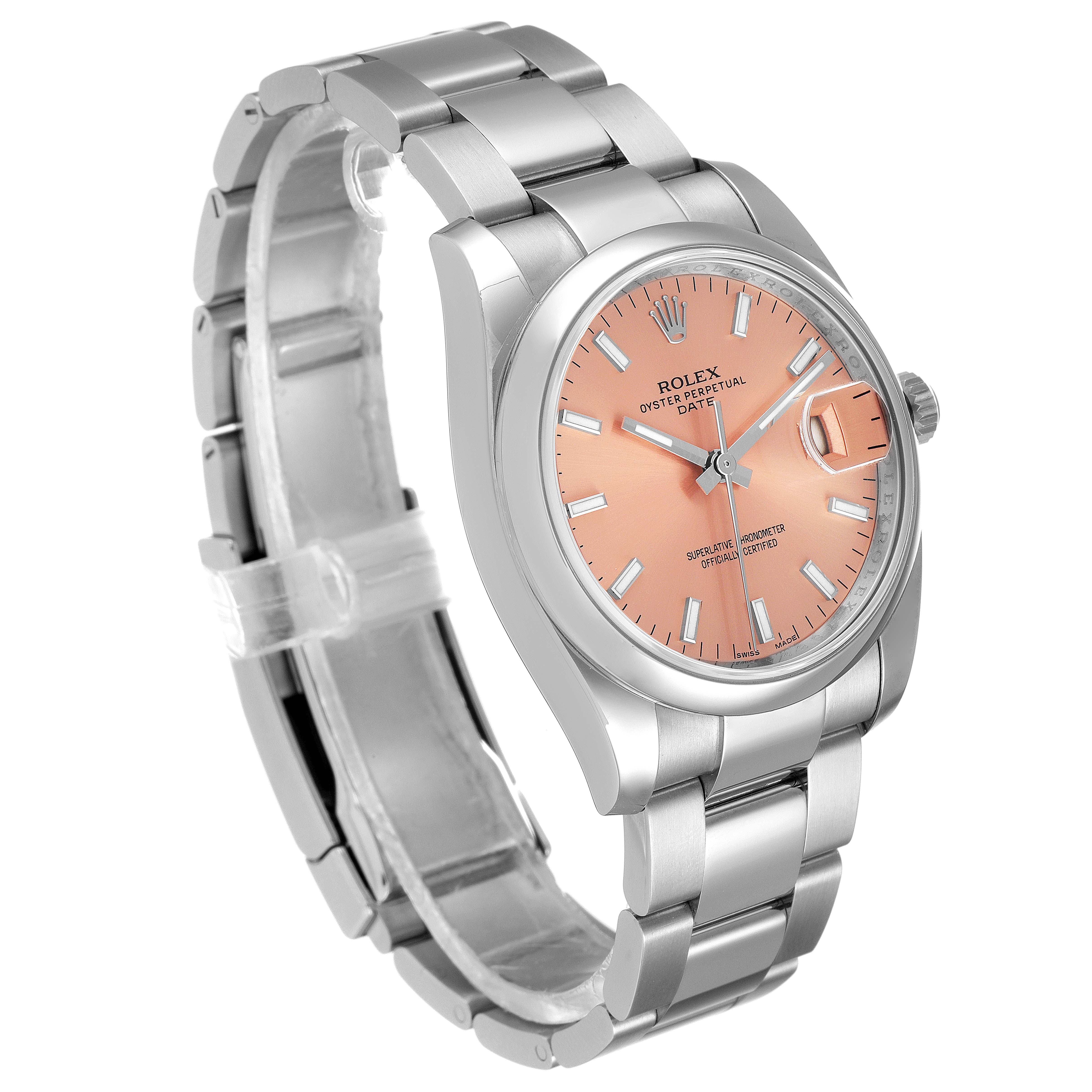 The Rolex Date 115200 Men's Stainless Steel Pink Dial 115200 Men's Stainless Steel Pink Dial watch is shown at an angle displaying the face, bezel, crown, and partially open bracelet.