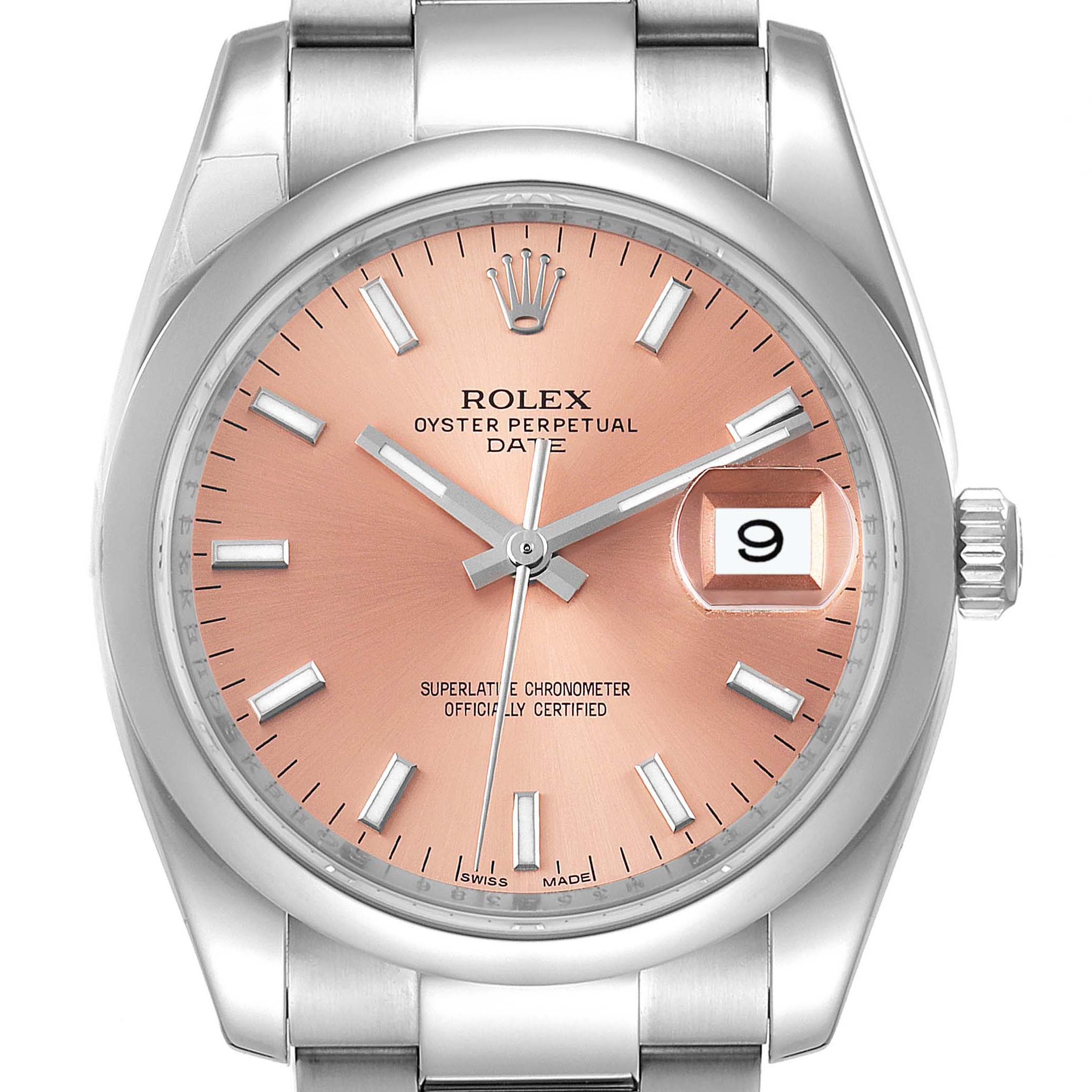 This image shows a front view of a Rolex Oyster Perpetual Date model, highlighting its dial, bezel, and part of the bracelet.