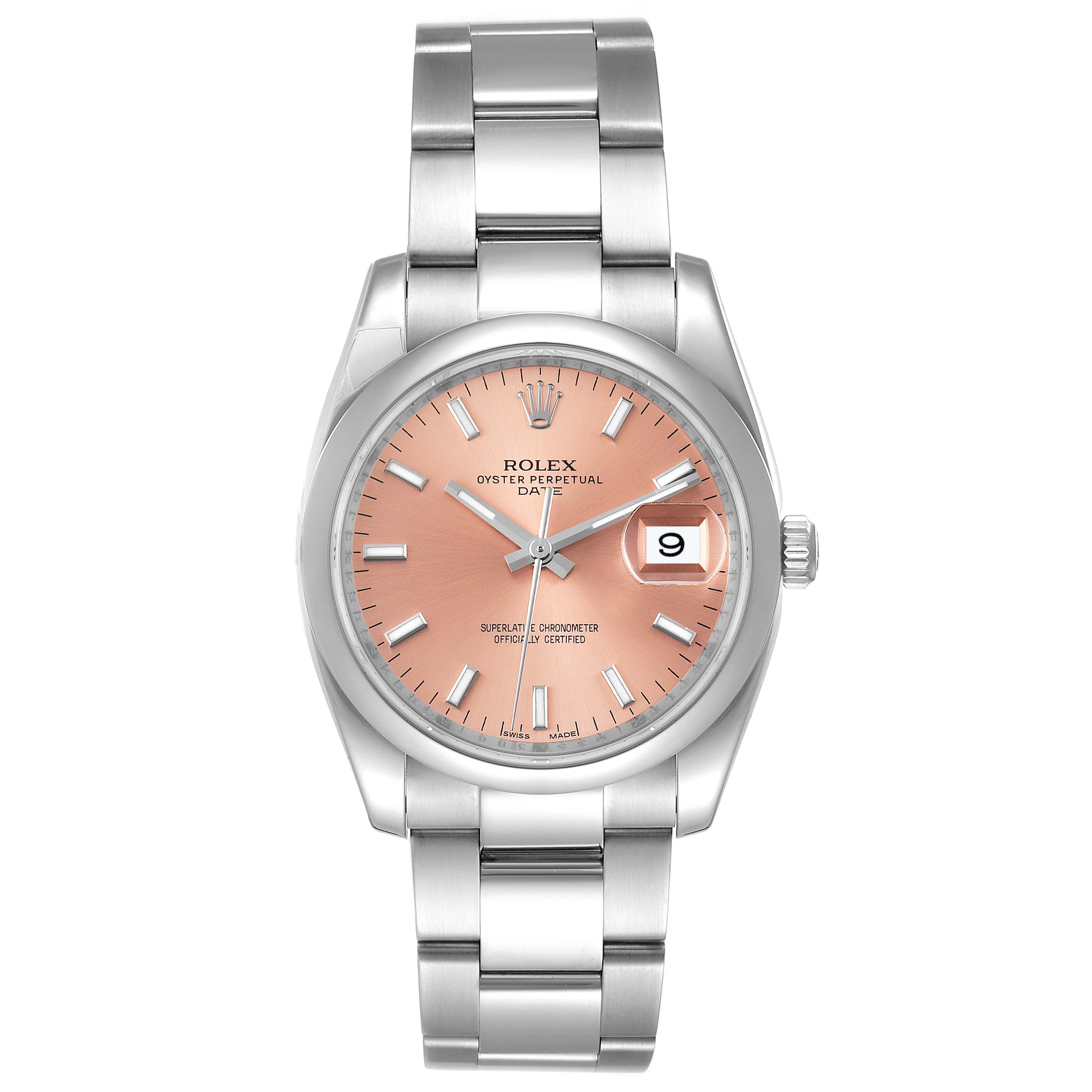 The image shows a front view of a Rolex Date 115200 Men's Stainless Steel Pink Dial 115200 Men's Stainless Steel Pink Dial model watch, highlighting its pink dial, date window, and stainless steel bracelet.