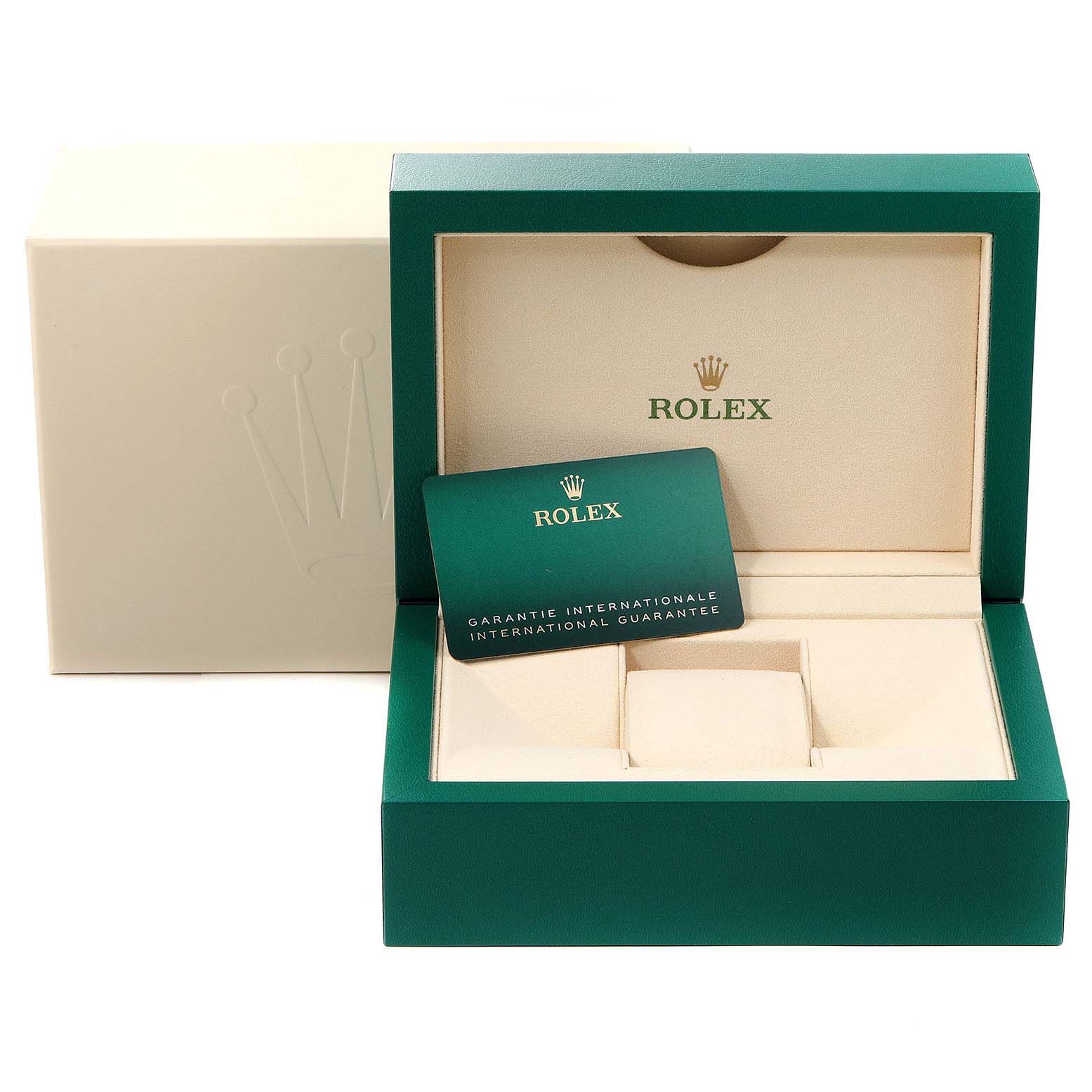 The image shows an open Rolex Date 115200 Men's Stainless Steel Pink Dial 115200 Men's Stainless Steel Pink Dial watch box with an international guarantee card inside.