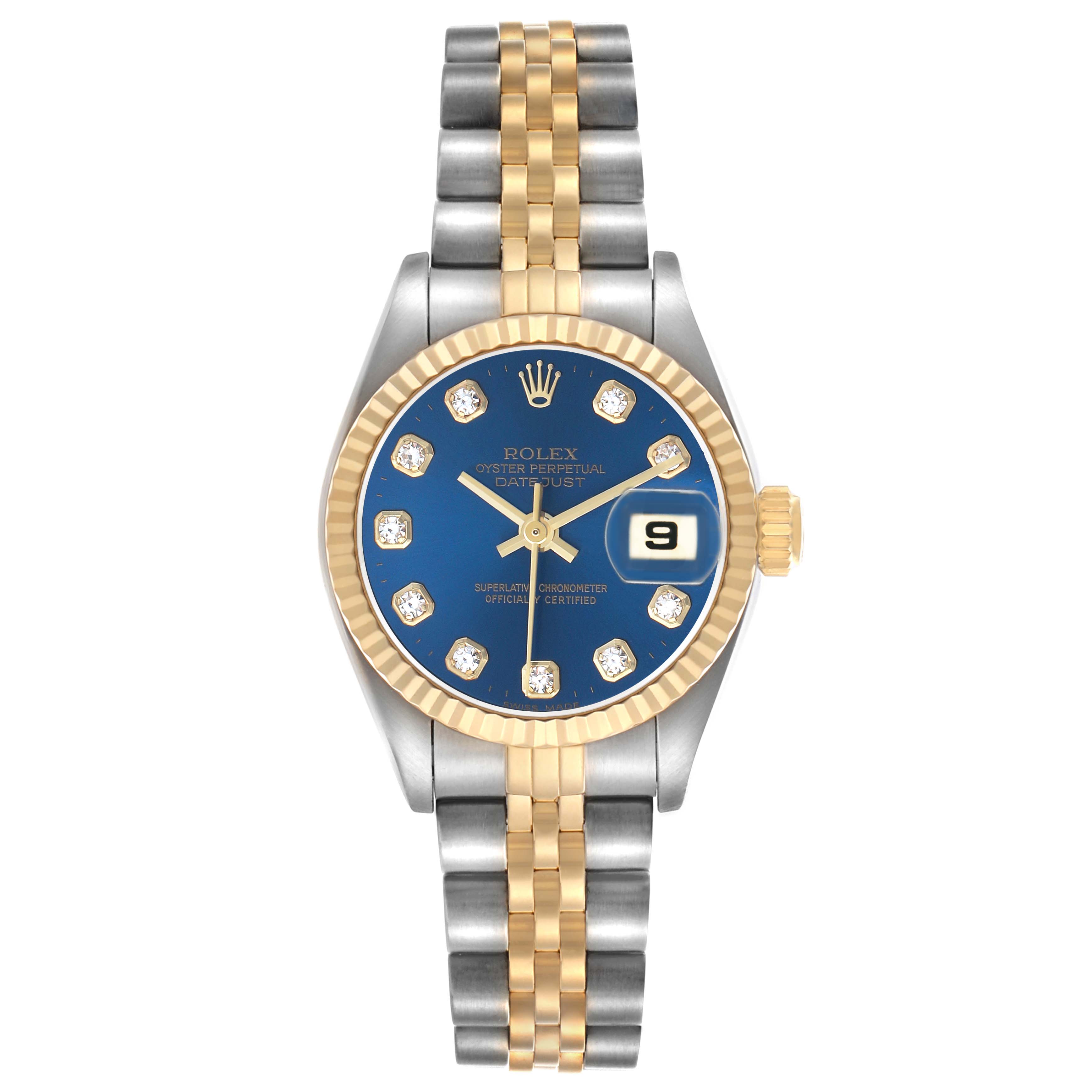 The Rolex Datejust 69173 Women's Steel and Gold (two tone) Blue Dial watch is shown from the front, featuring a blue dial, diamond hour markers, two-tone bracelet, and gold fluted bezel.