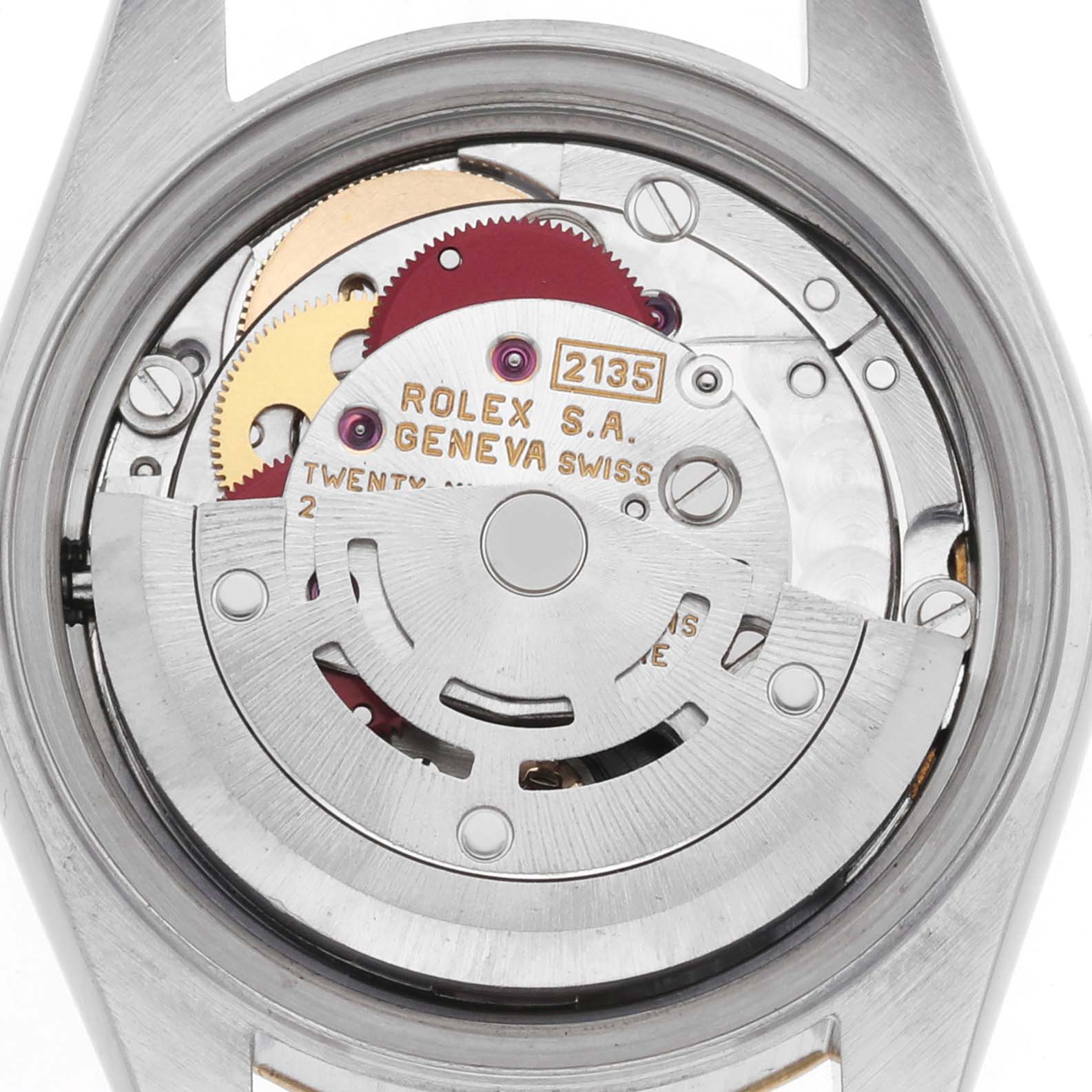 The image shows the movement of a Rolex Datejust 69173 Women's Steel and Gold (two tone) Blue Dial, highlighting the rotor and gear system from the back.