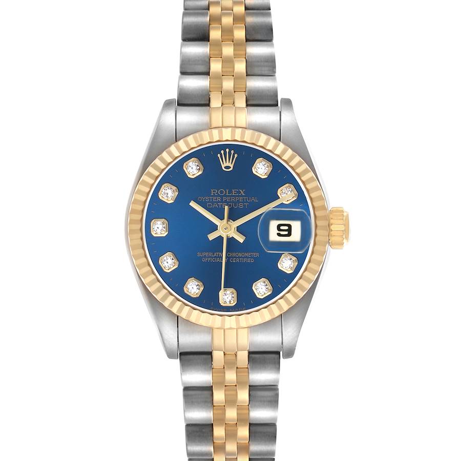 The Rolex Datejust 69173 Women's Steel and Gold (two tone) Blue Dial is shown in a front view, highlighting its blue dial, diamond markers, fluted bezel, and two-tone bracelet.