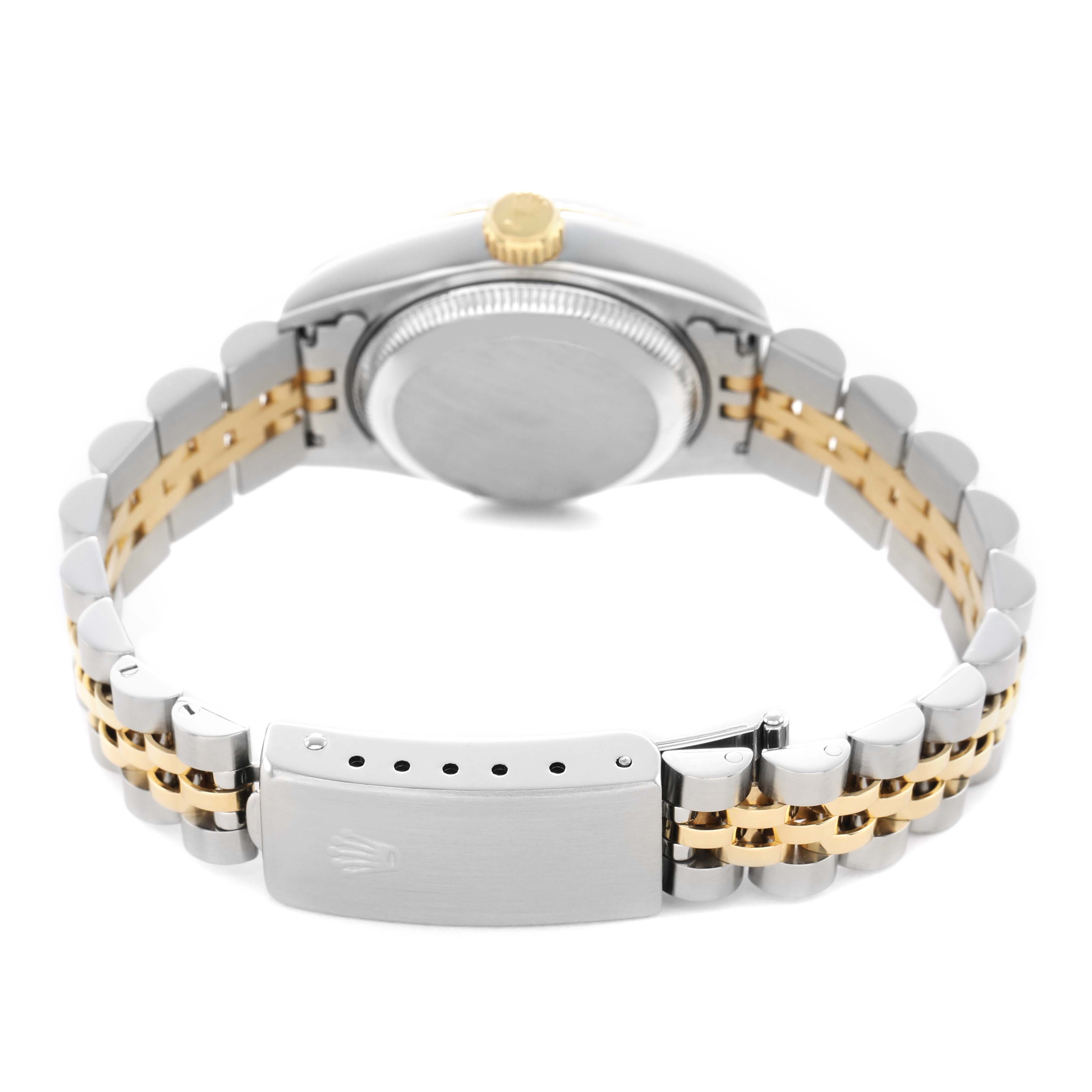 The image shows the back view of a Rolex Datejust 69173 Women's Steel and Gold (two tone) Blue Dial watch, highlighting the clasp and bracelet.