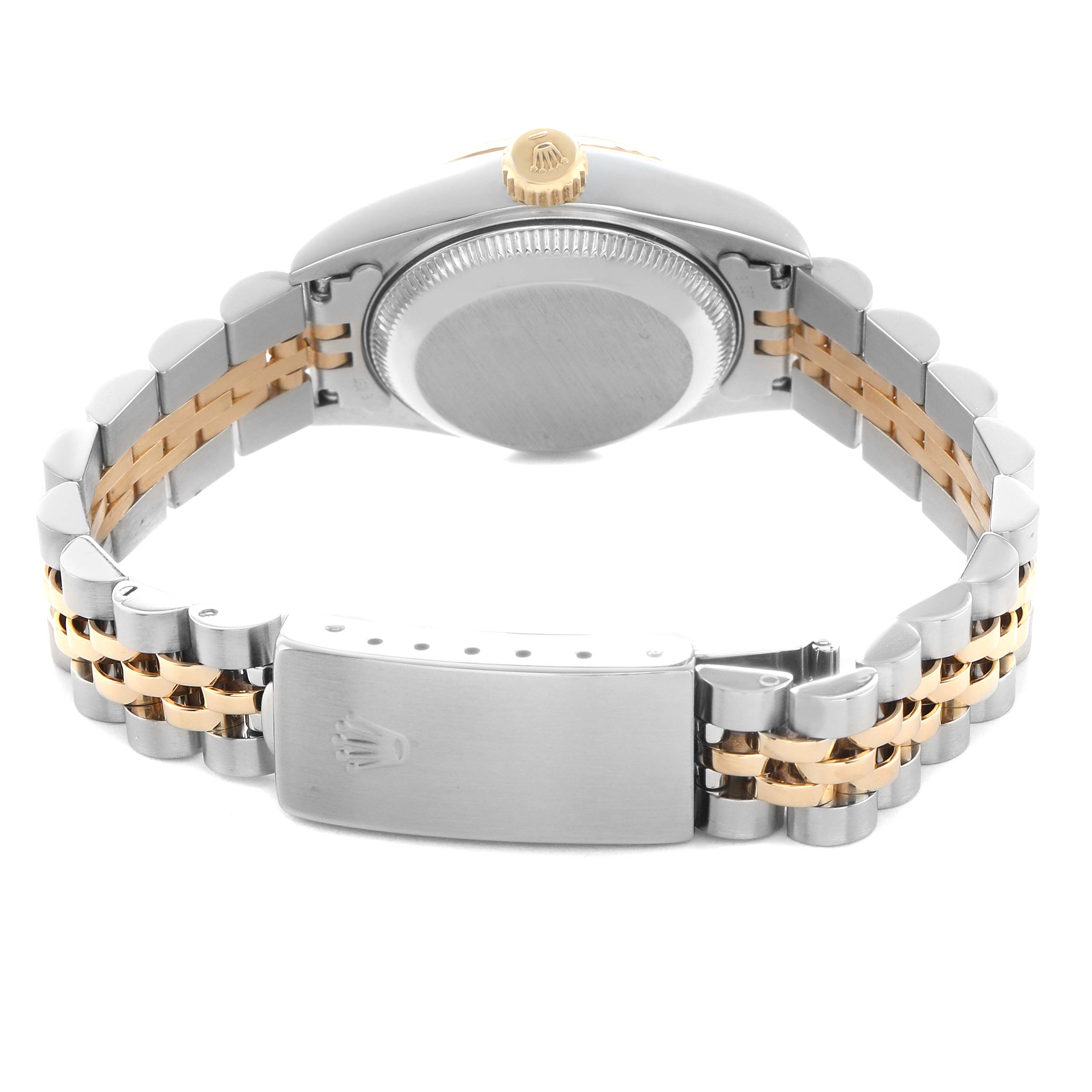 The image shows the back of a Rolex Datejust 69173 Men's Steel and Gold (two tone) Champagne Dial, highlighting the case back, bracelet, and clasp.