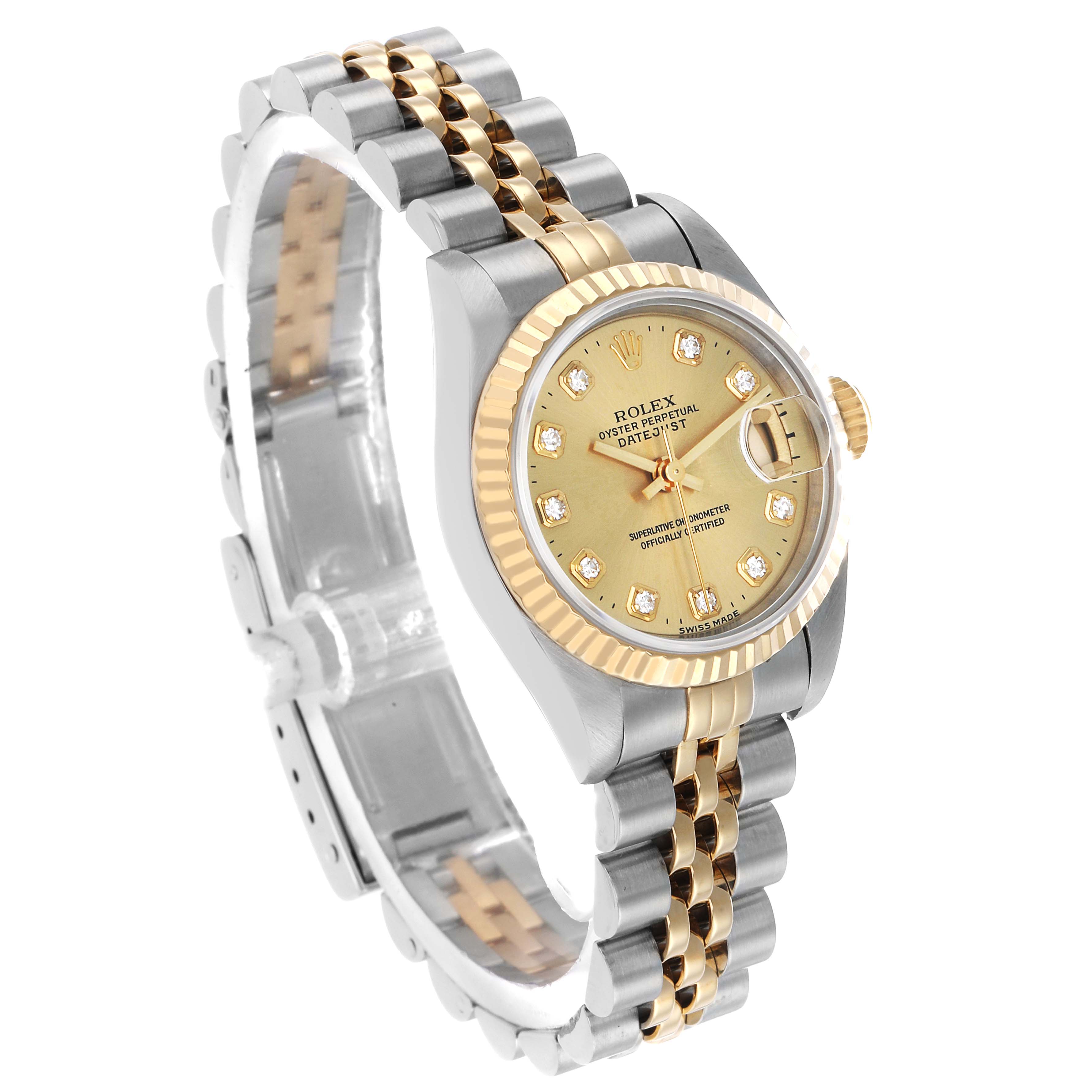 The Rolex Datejust 69173 Men's Steel and Gold (two tone) Champagne Dial watch is shown from an angled side view, displaying the two-tone bracelet, bezel, and detailed dial.