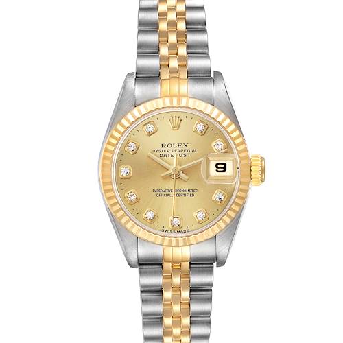 The Rolex Datejust 69173 Men's Steel and Gold (two tone) Champagne Dial watch is shown from a top-down angle, highlighting its gold dial, diamond markers, fluted bezel, and two-tone bracelet.