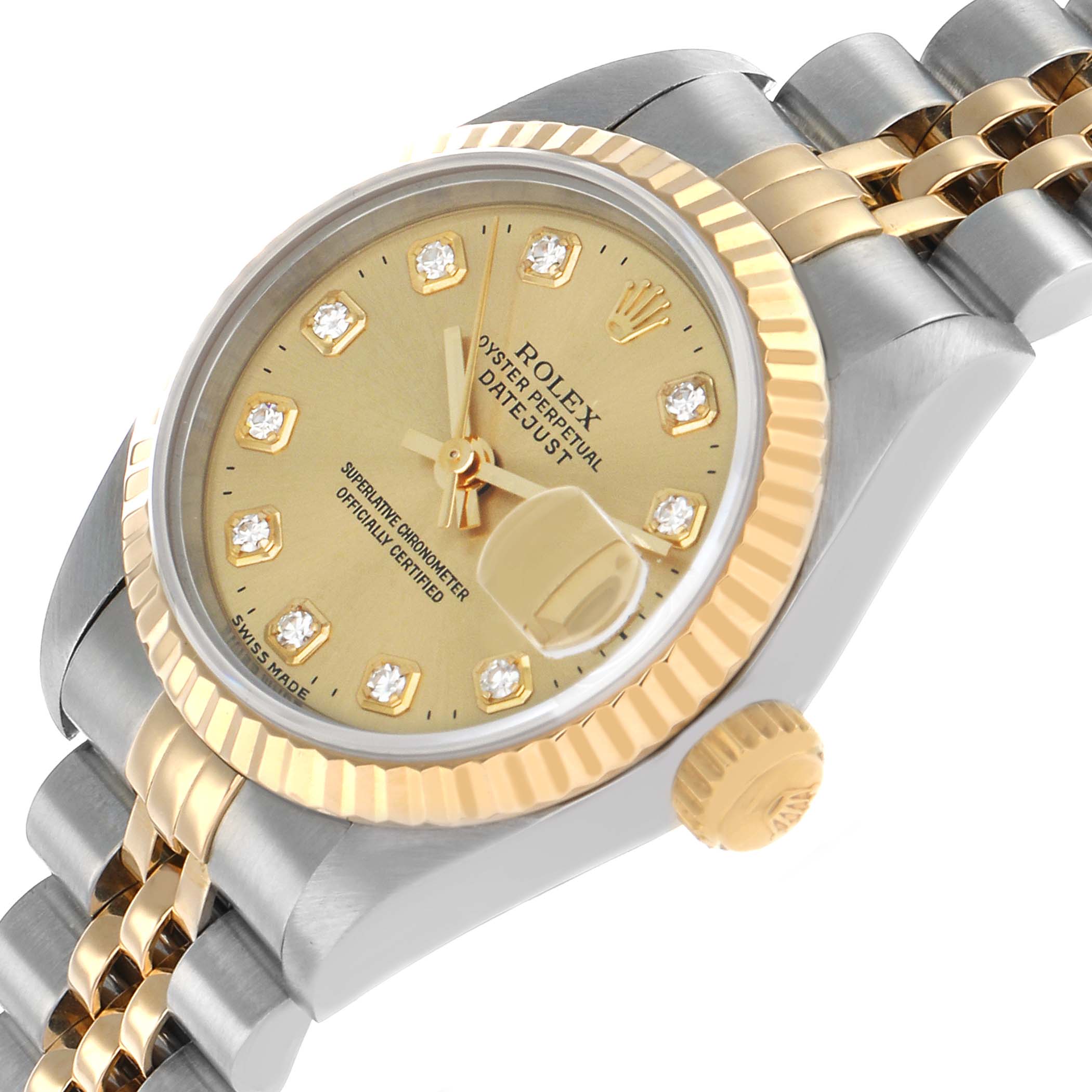 The Rolex Datejust 69173 Men's Steel and Gold (two tone) Champagne Dial watch is shown in a side-angle, highlighting the dial, gold bezel, crown, and part of the jubilee bracelet.