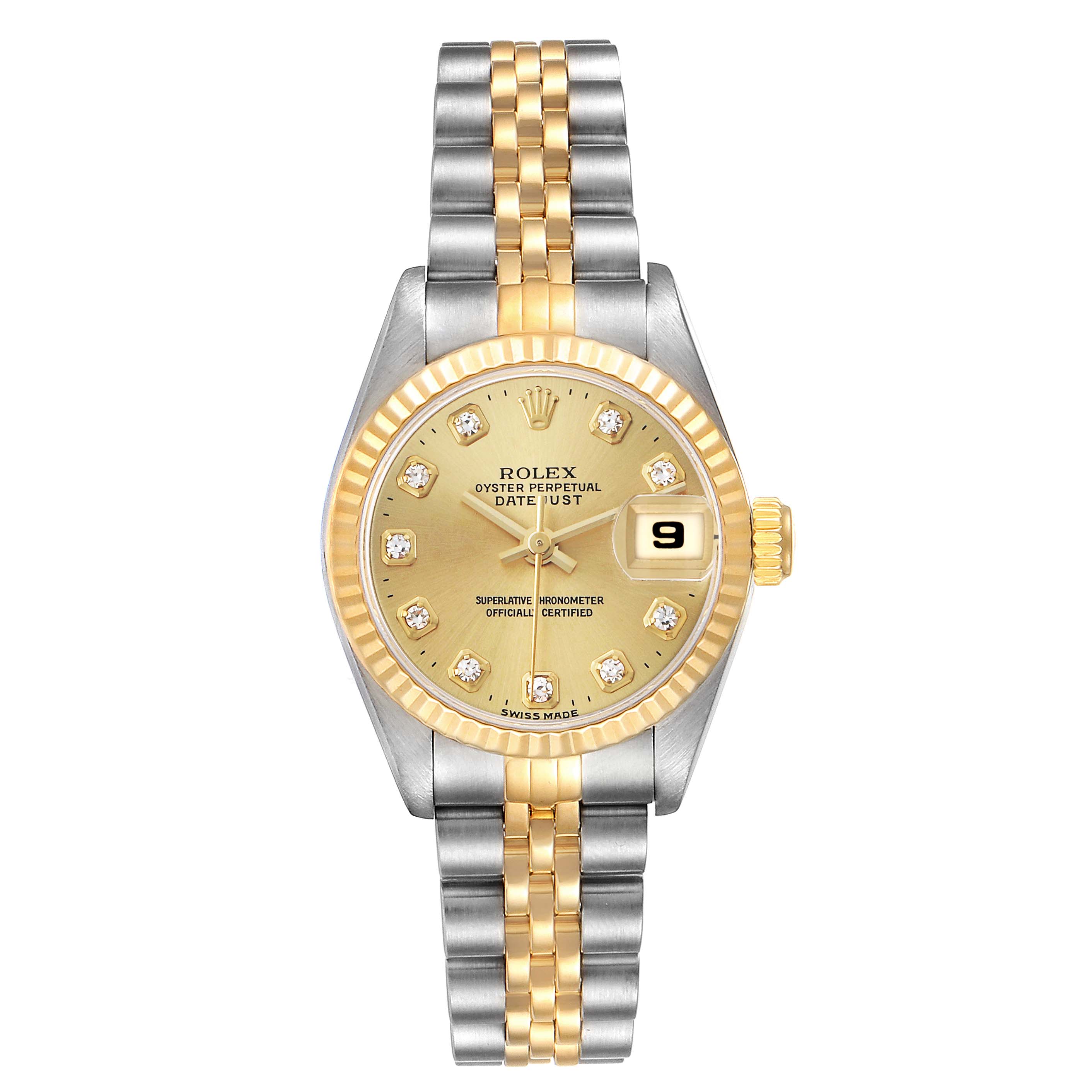 The Rolex Datejust 69173 Men's Steel and Gold (two tone) Champagne Dial watch is shown from a top-down angle, displaying its face, fluted bezel, jubilee bracelet, and date window.