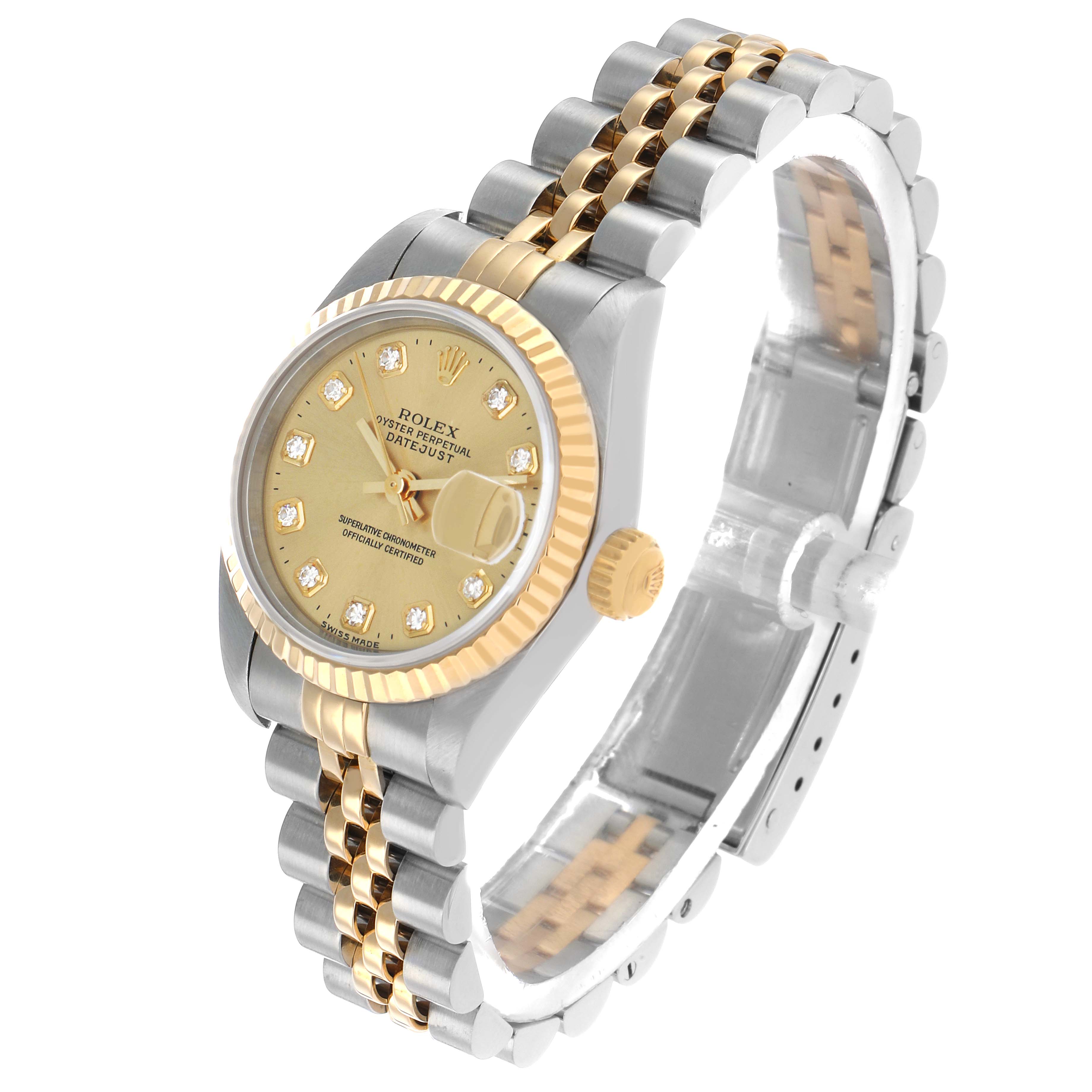 The Rolex Datejust 69173 Men's Steel and Gold (two tone) Champagne Dial watch is shown at a three-quarter angle, highlighting its dial, fluted bezel, and two-tone bracelet.