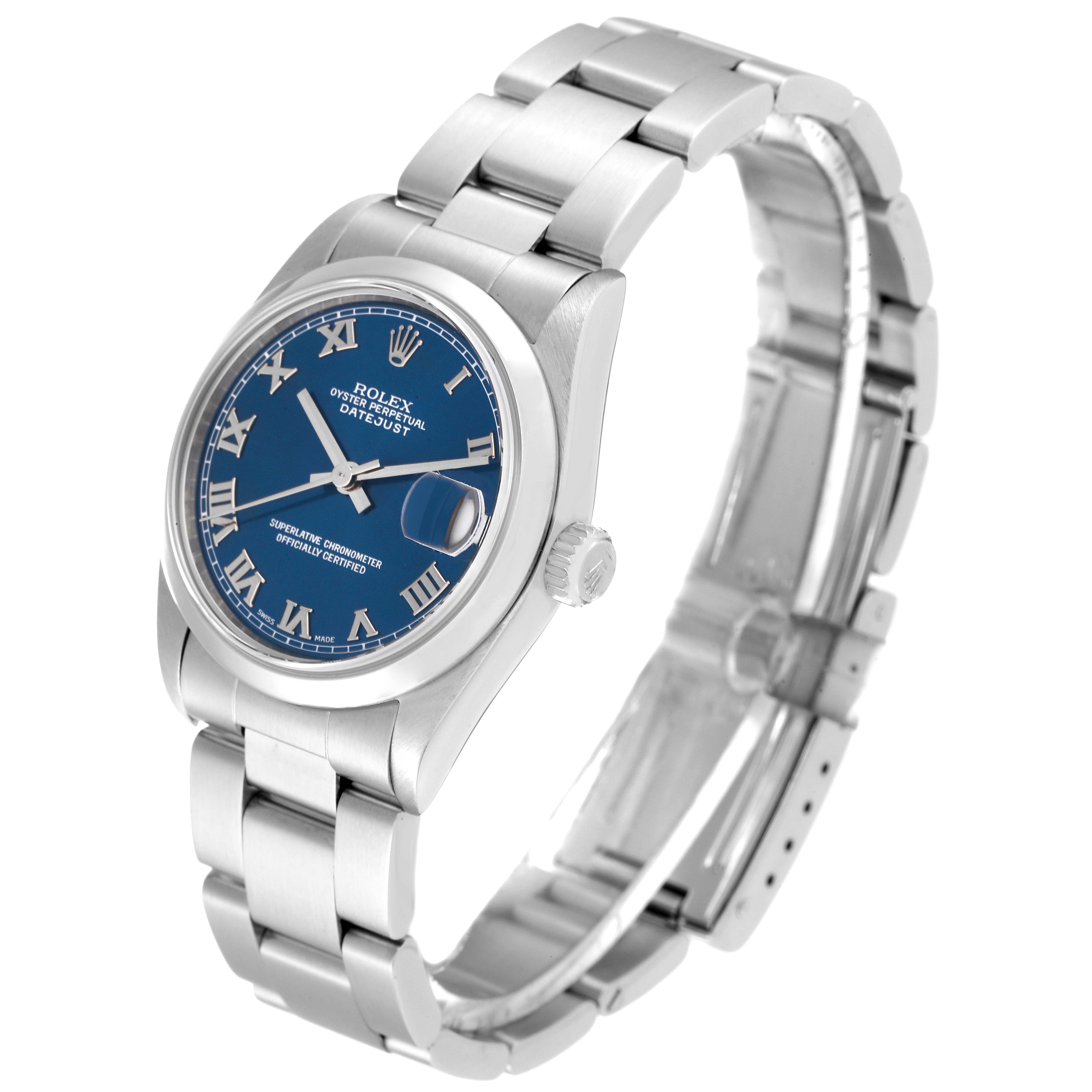 The Rolex Mid-Size 78240 Women
s Stainless Steel Blue Dial 78240 Women
s Stainless Steel Blue Dial Datejust watch is shown from a slight top-front angle, displaying its face, bracelet, and clasp.