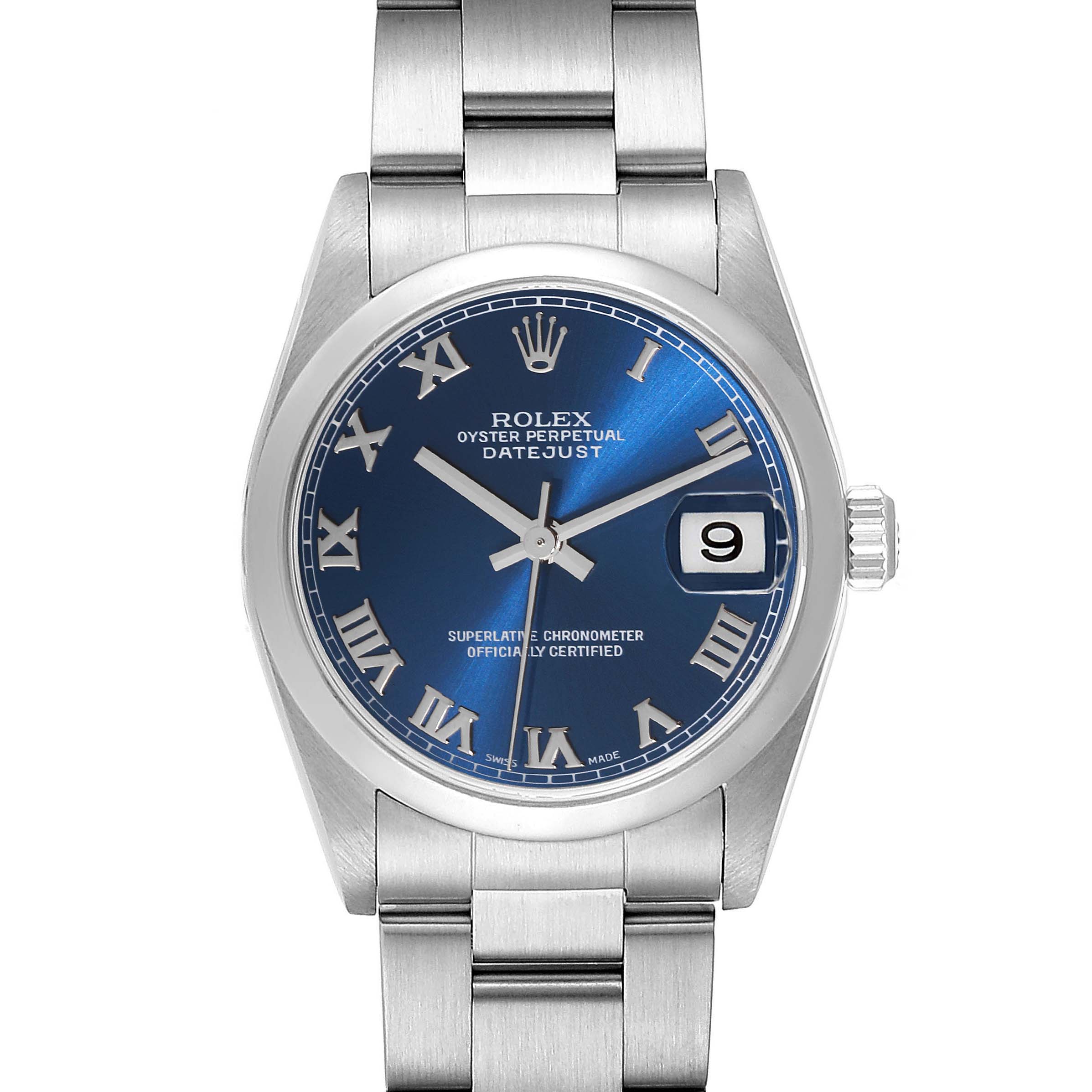 The image shows a front view of a Rolex Mid-Size 78240 Women
s Stainless Steel Blue Dial 78240 Women
s Stainless Steel Blue Dial Datejust watch with a blue dial and silver bracelet.