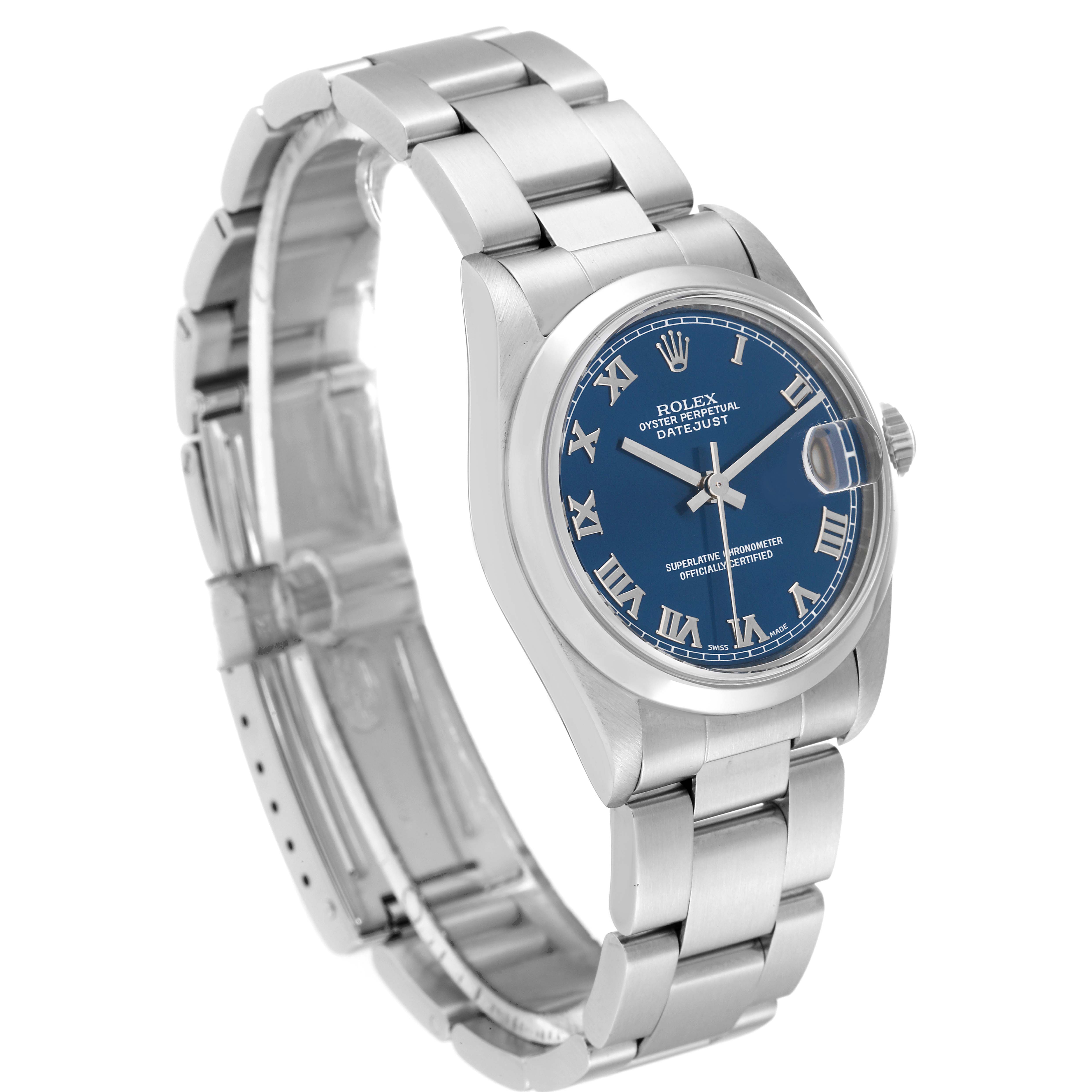 The image shows a side angle of the Rolex Mid-Size 78240 Women
s Stainless Steel Blue Dial 78240 Women
s Stainless Steel Blue Dial Datejust watch, highlighting its blue dial and stainless steel bracelet.