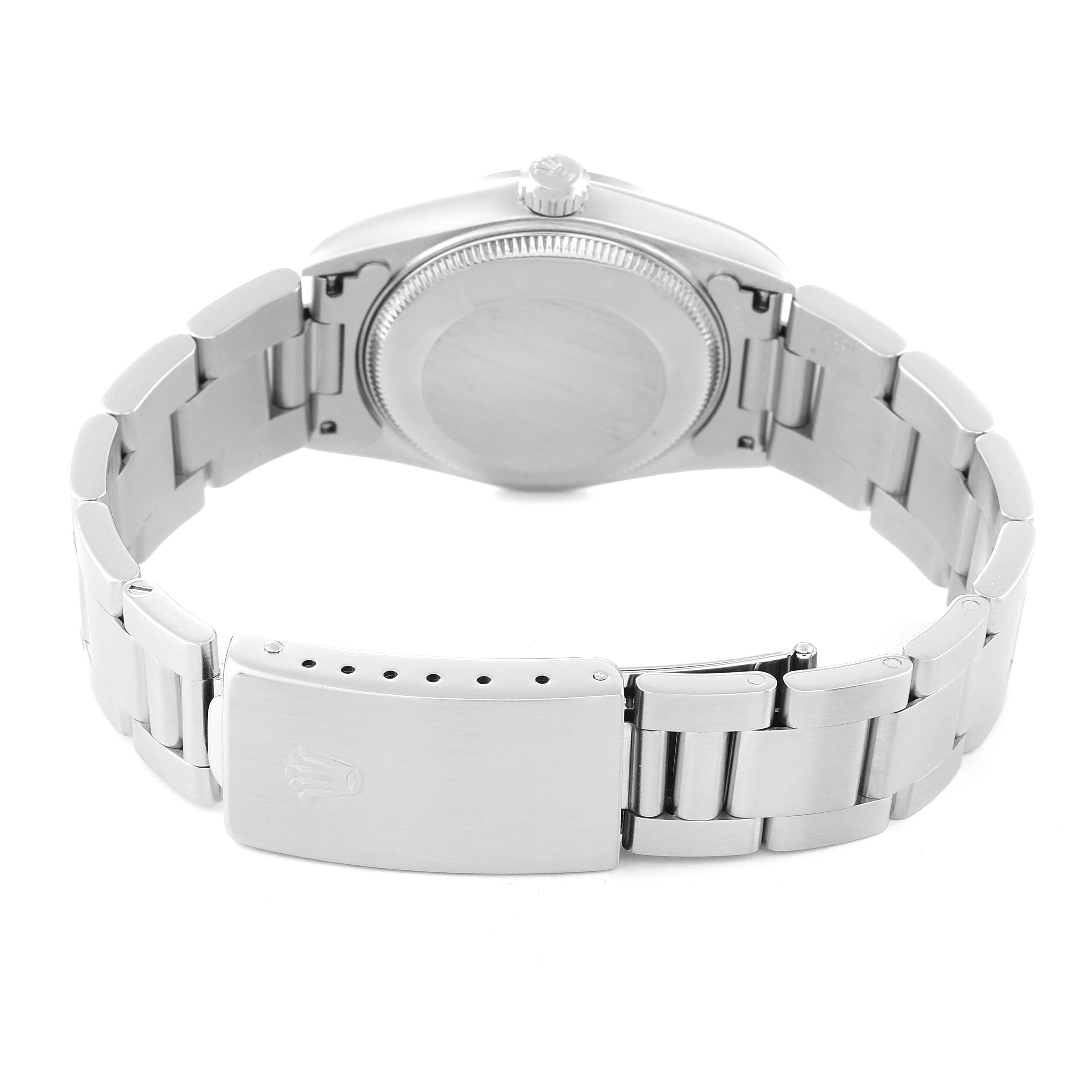 This image shows the back view of a Rolex Mid-Size 78240 Women
s Stainless Steel Blue Dial 78240 Women
s Stainless Steel Blue Dial watch, highlighting its case back and stainless steel bracelet.