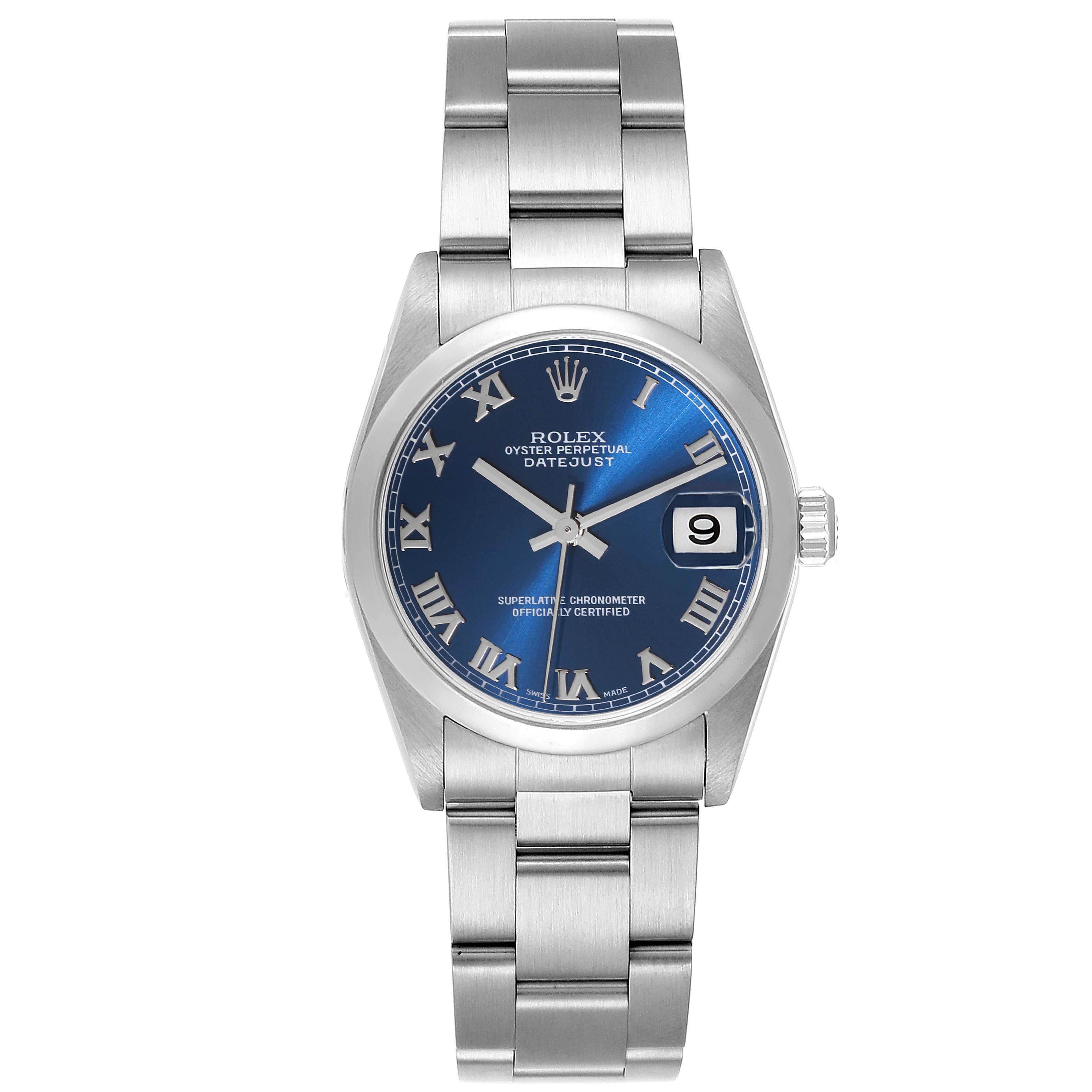 The image shows a front view of the Rolex Mid-Size 78240 Women
s Stainless Steel Blue Dial 78240 Women
s Stainless Steel Blue Dial Oyster Perpetual Datejust watch, including its blue dial and silver bracelet.