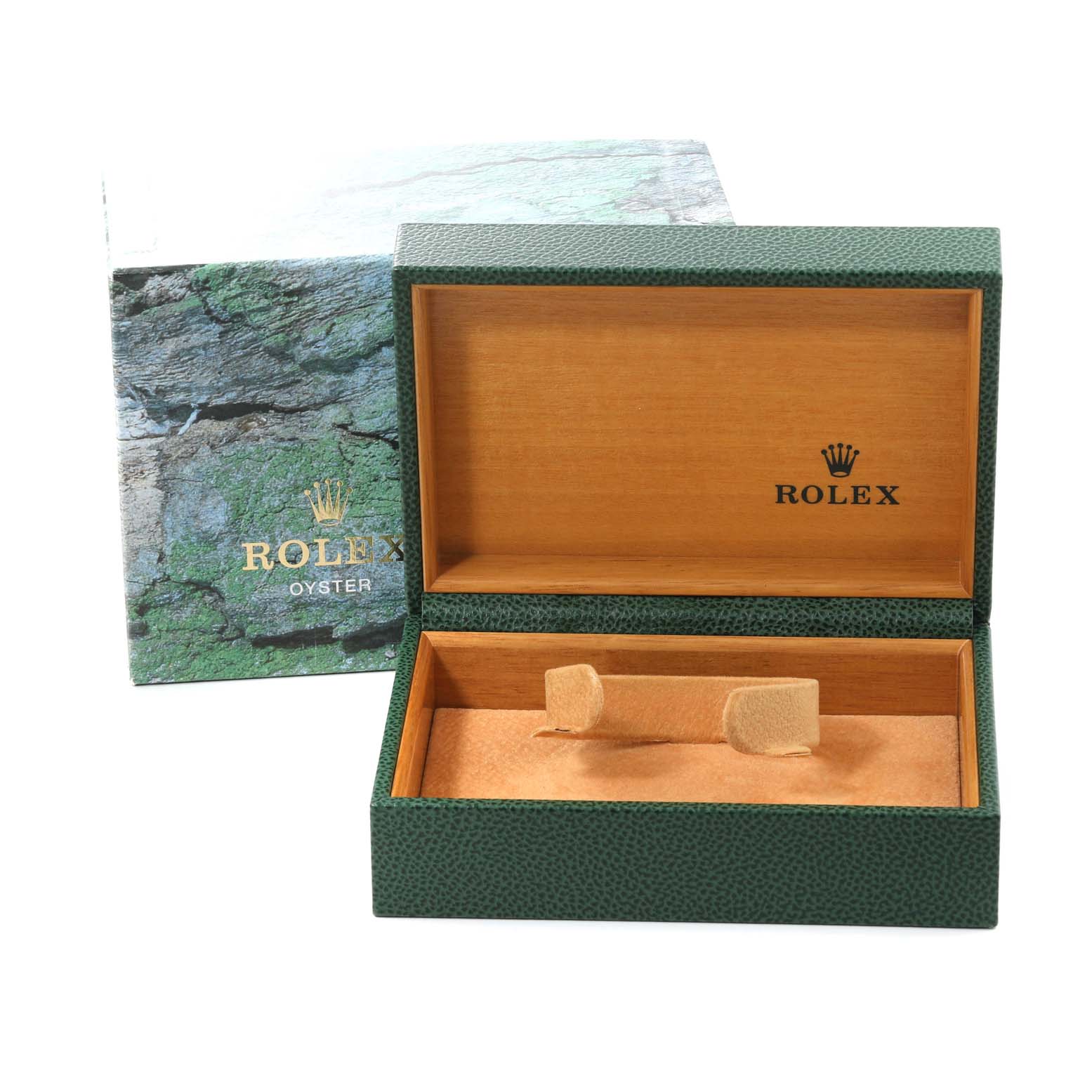 This image shows a Rolex Oyster Mid-Size watch box and protective packaging, with the lid open to display the interior.