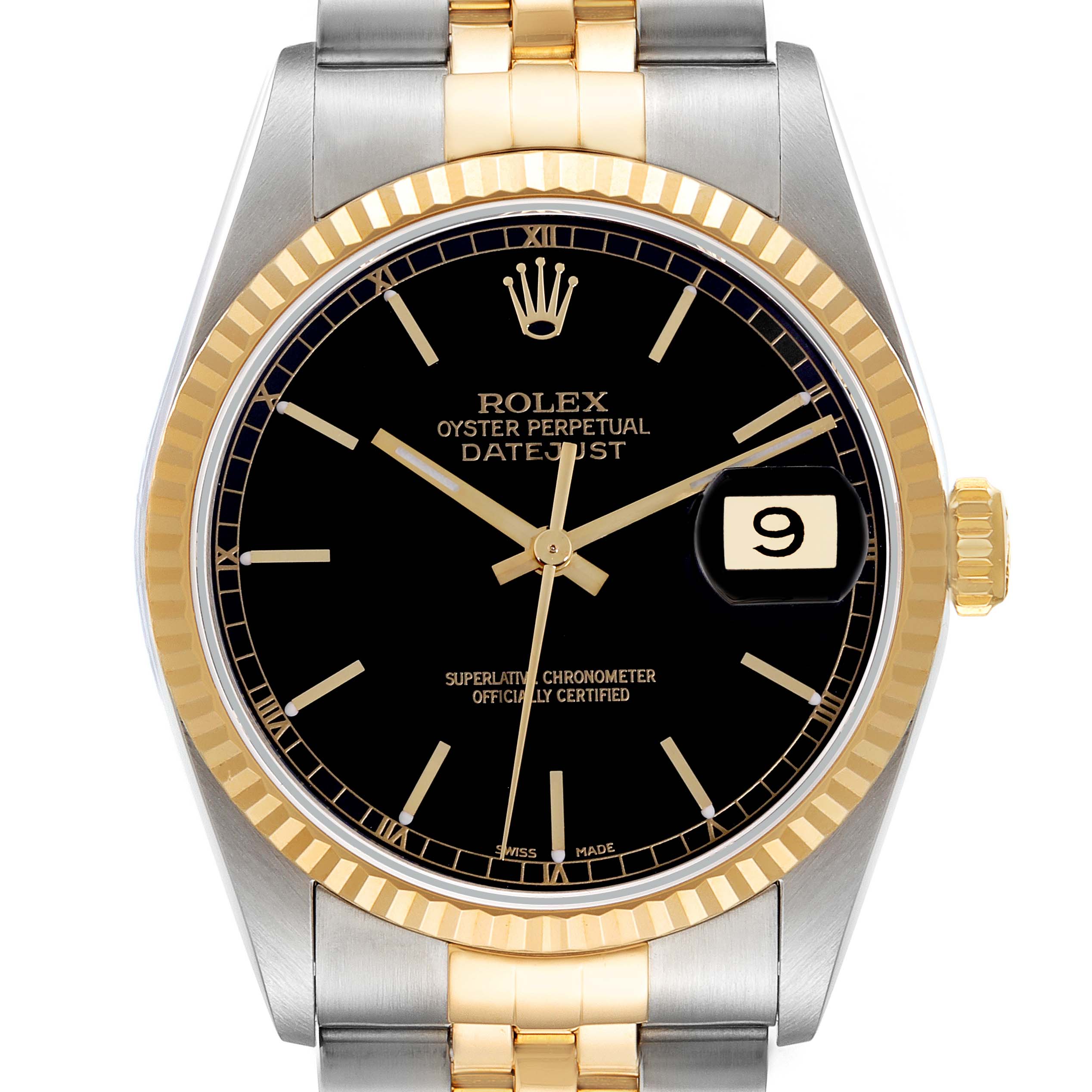 The image shows a front view of the Rolex Datejust 16233 Men's Steel and Gold (two tone) Black Dial 16233 Men's Steel and Gold (two tone) Black Dial watch, highlighting the dial, bezel, crown, and part of the bracelet.