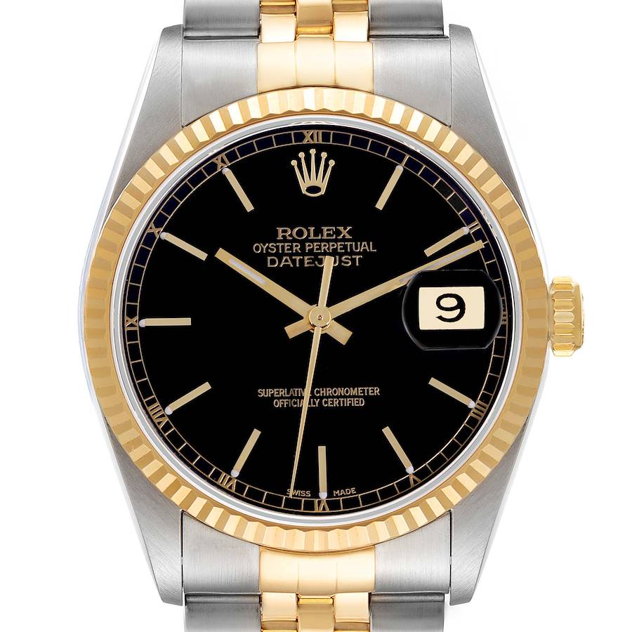 The image shows a front view of the Rolex Datejust watch, highlighting the dial, bezel, crown, and part of the bracelet.