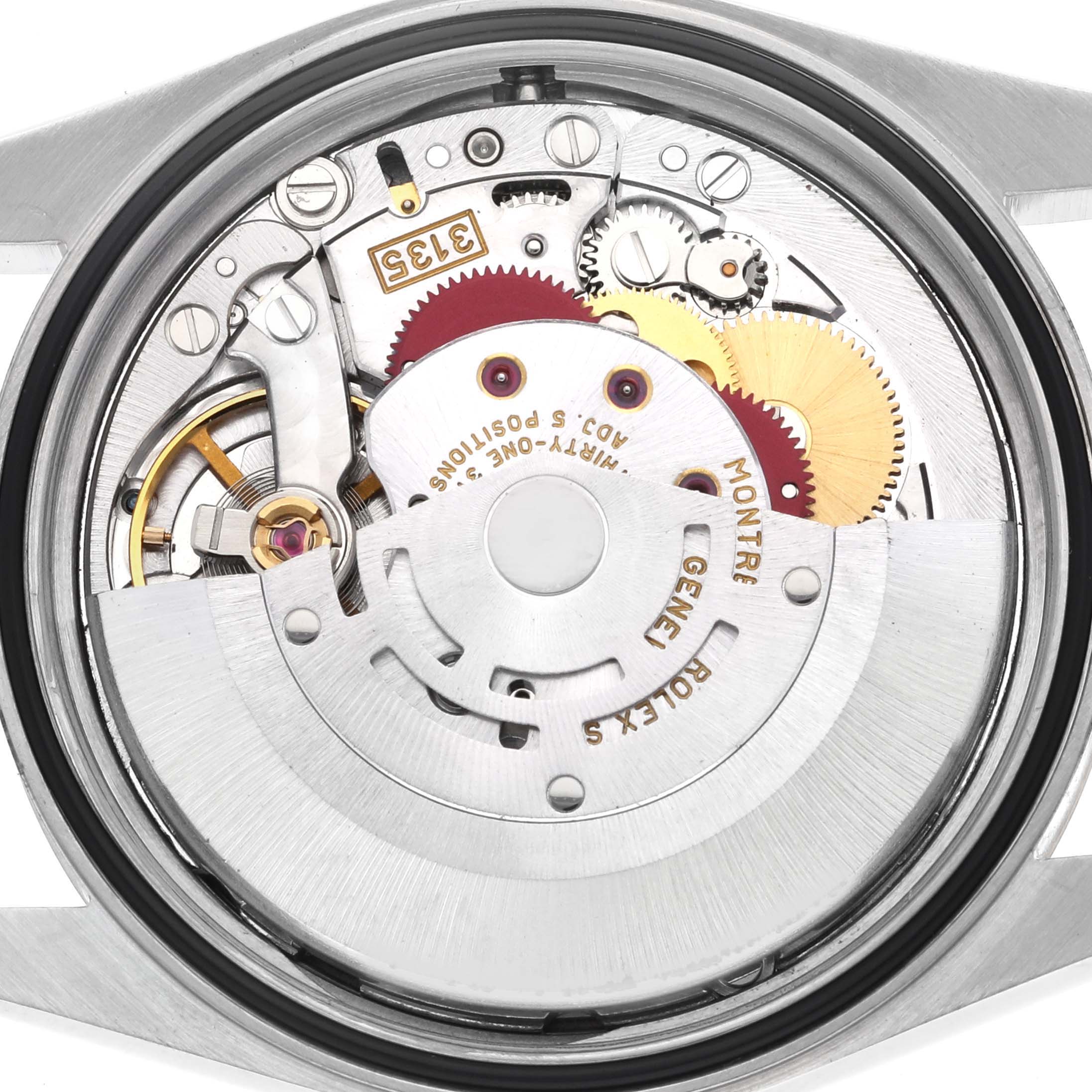 The image shows the movement and rotor of a Rolex Datejust 16233 Men's Steel and Gold (two tone) Black Dial 16233 Men's Steel and Gold (two tone) Black Dial watch viewed from the case back.