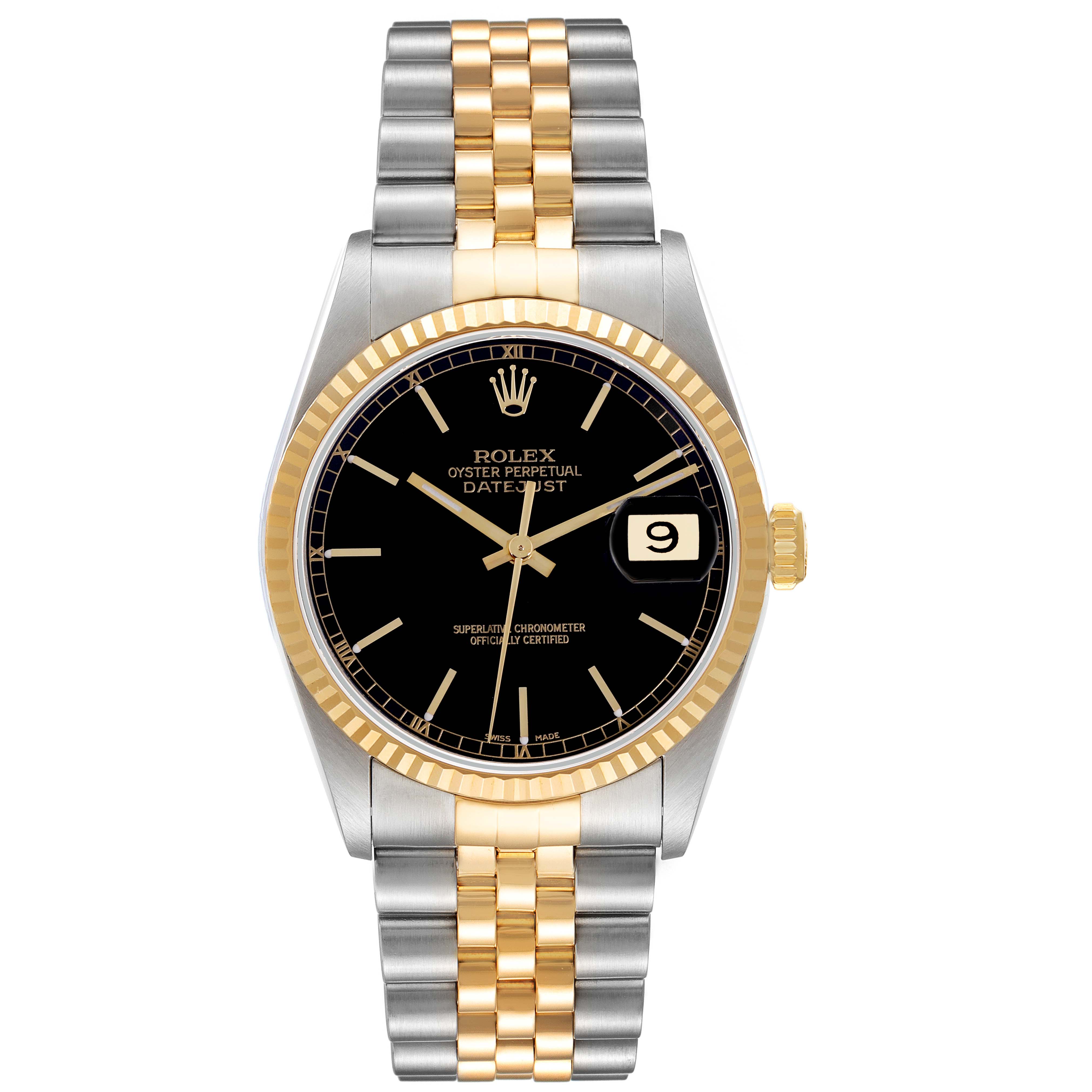 The image shows a Rolex Datejust 16233 Men's Steel and Gold (two tone) Black Dial 16233 Men's Steel and Gold (two tone) Black Dial watch from a front angle, highlighting the face, bezel, and bracelet.