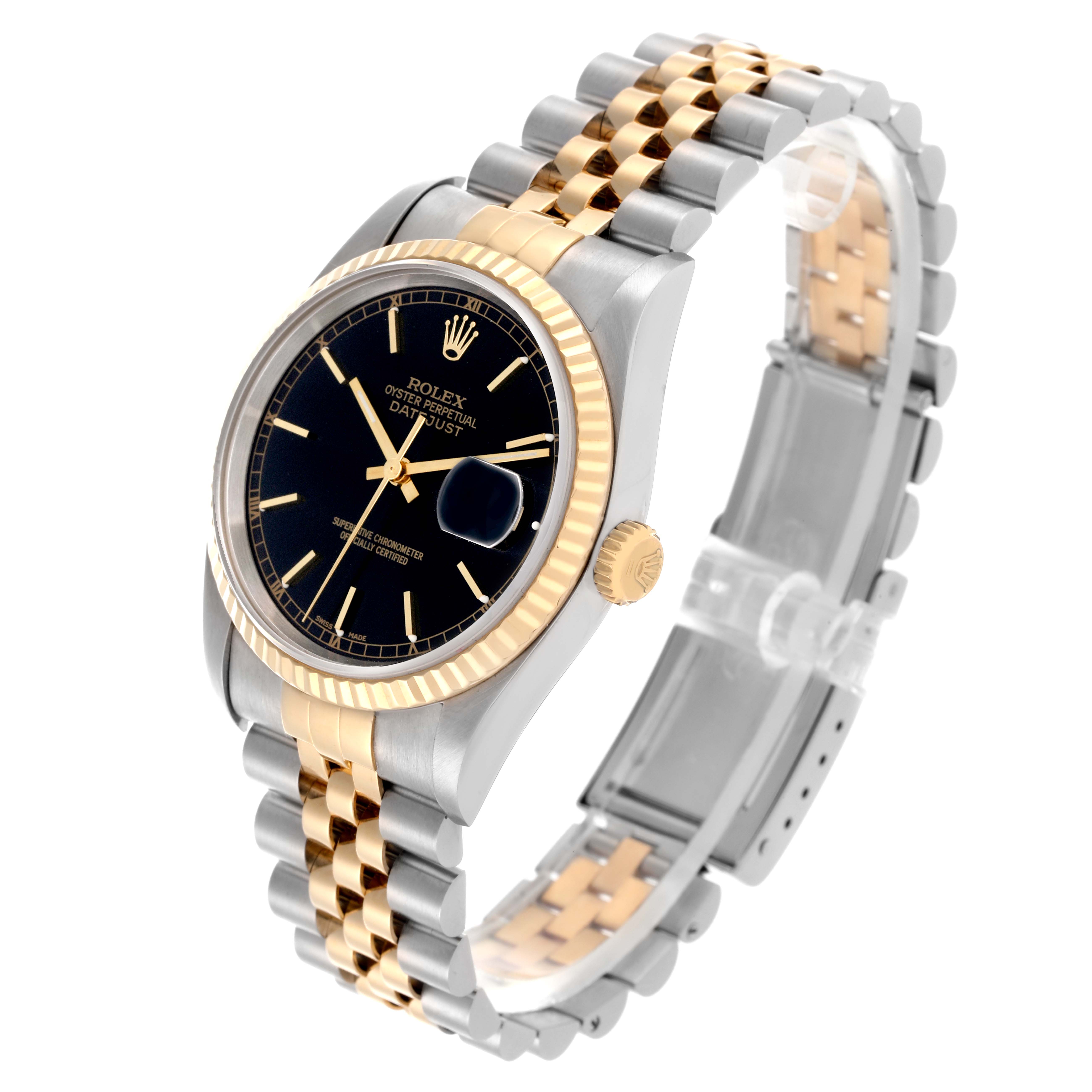 The Rolex Datejust 16233 Men's Steel and Gold (two tone) Black Dial 16233 Men's Steel and Gold (two tone) Black Dial watch is shown at a three-quarter angle, highlighting the two-tone bracelet and black dial with a date feature.
