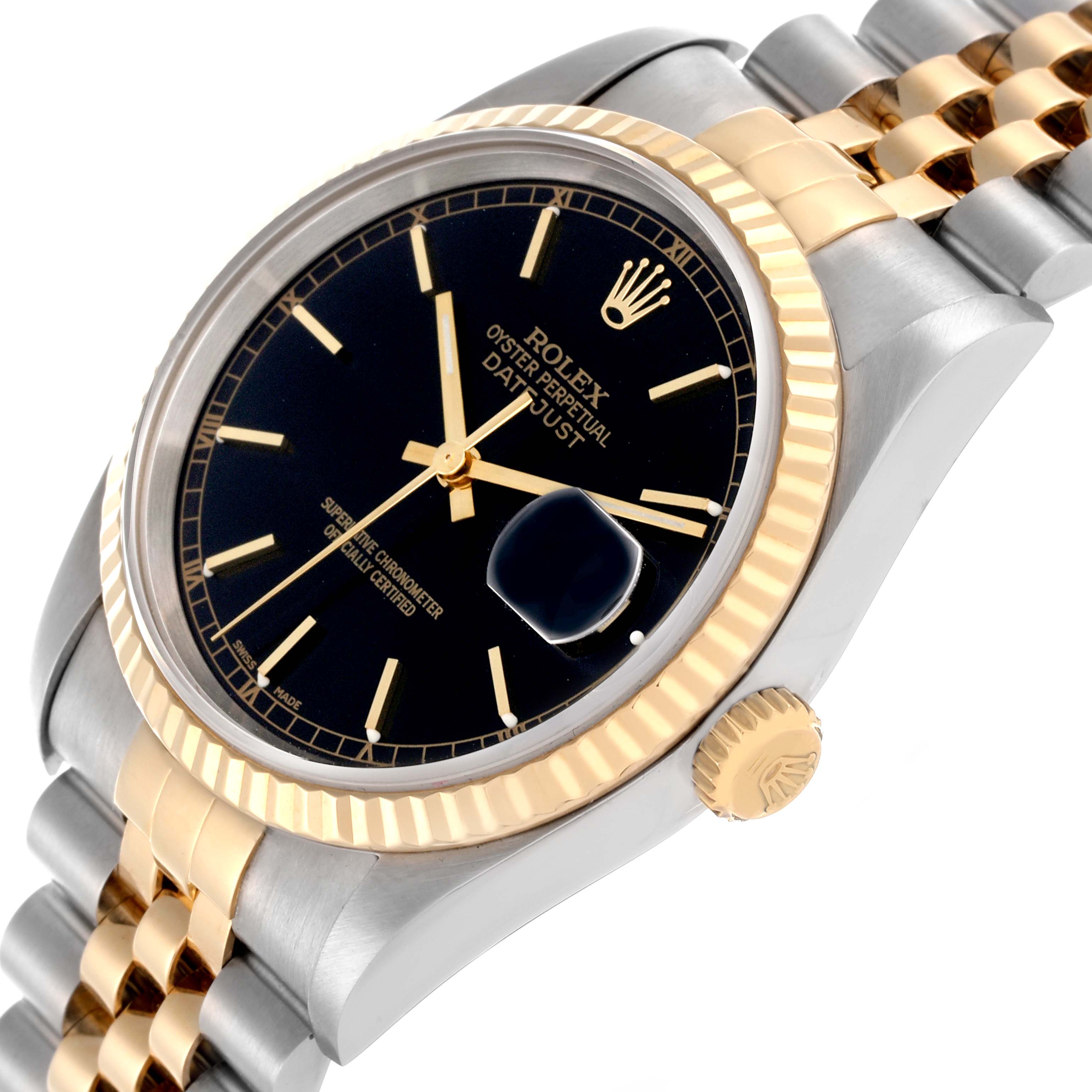 The Rolex Datejust 16233 Men's Steel and Gold (two tone) Black Dial 16233 Men's Steel and Gold (two tone) Black Dial watch is shown at an angle highlighting the face, fluted bezel, and two-tone bracelet.