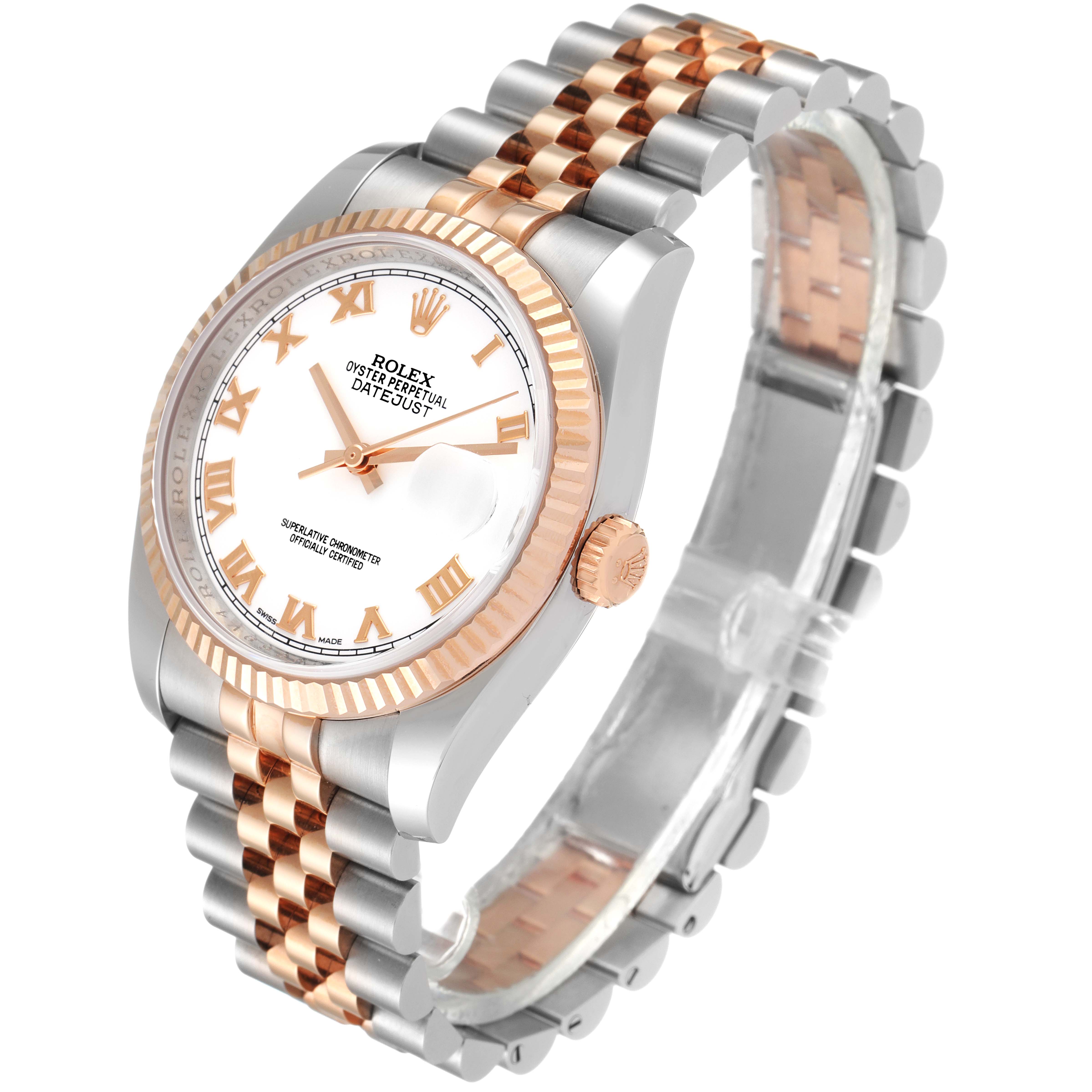 This image shows a Rolex Datejust 116231 Men's Steel and Gold (two tone) White Dial 116231 Men's Steel and Gold (two tone) White Dial watch at a front left angle, featuring its face, fluted bezel, and two-tone Jubilee bracelet.