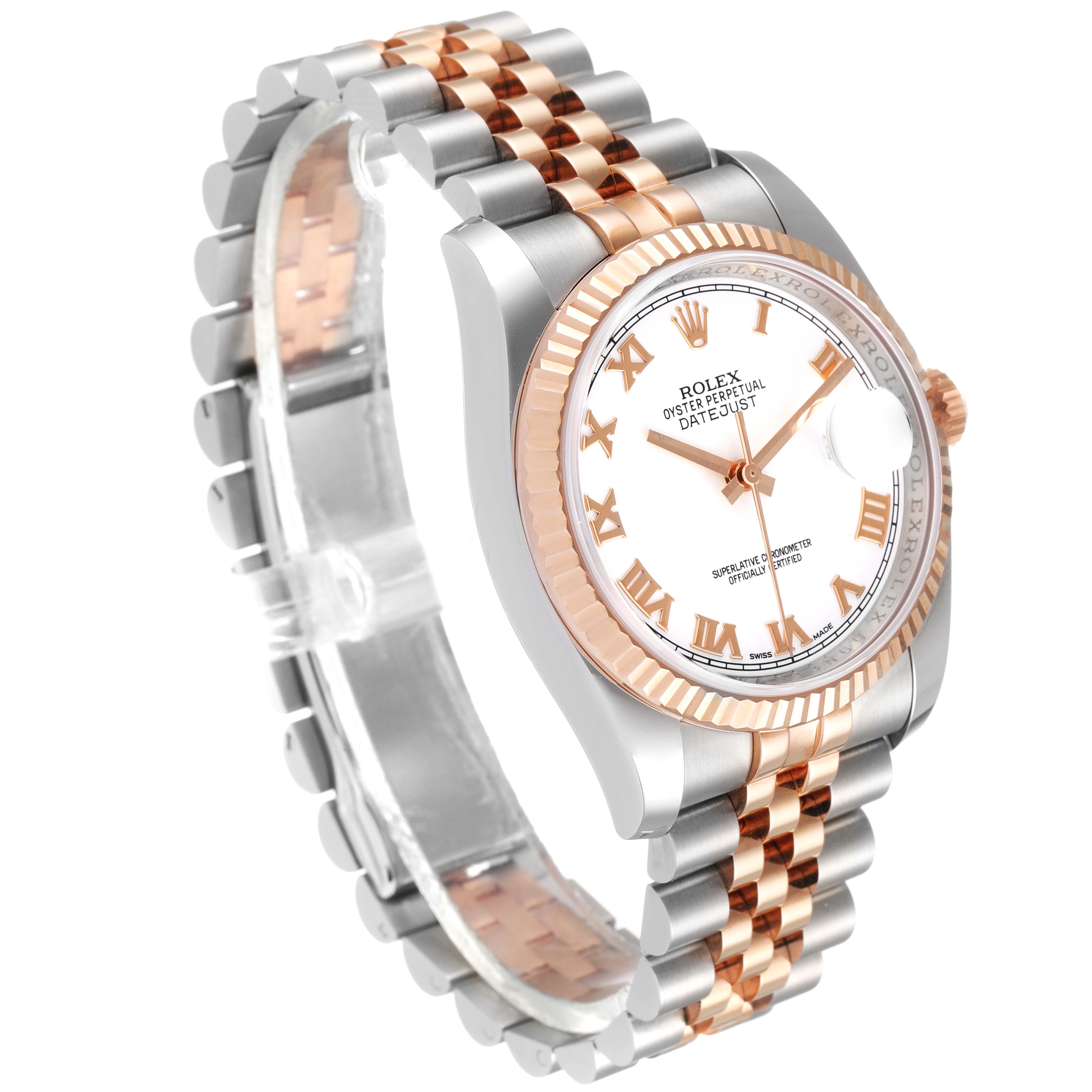 The image shows a Rolex Datejust 116231 Men's Steel and Gold (two tone) White Dial 116231 Men's Steel and Gold (two tone) White Dial watch at a three-quarter angle, highlighting the face, bezel, and two-tone bracelet.